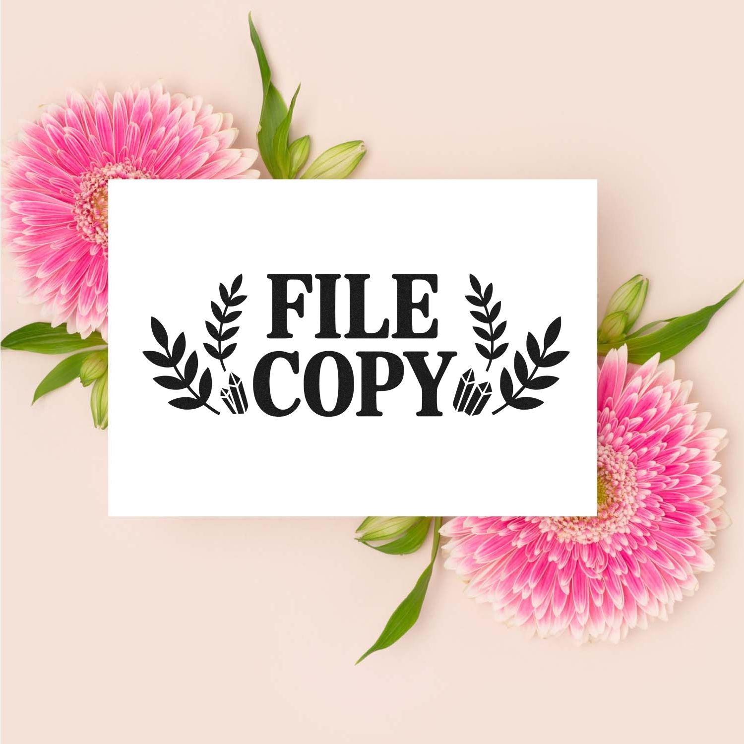 File Copy rubber stamp design mockup with floral accents for office document labeling and craft projects.