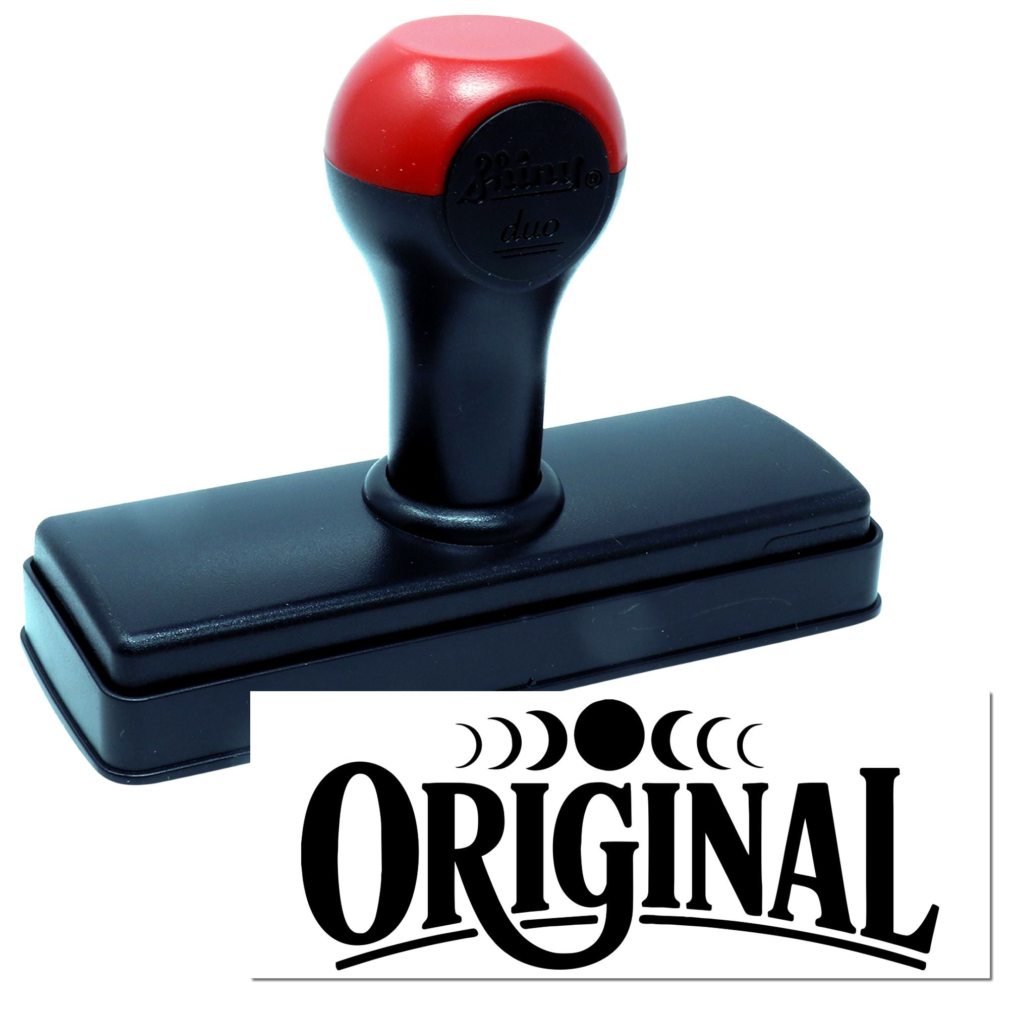 Original self-inking rubber stamp with moon phase design for custom branding and business packaging.