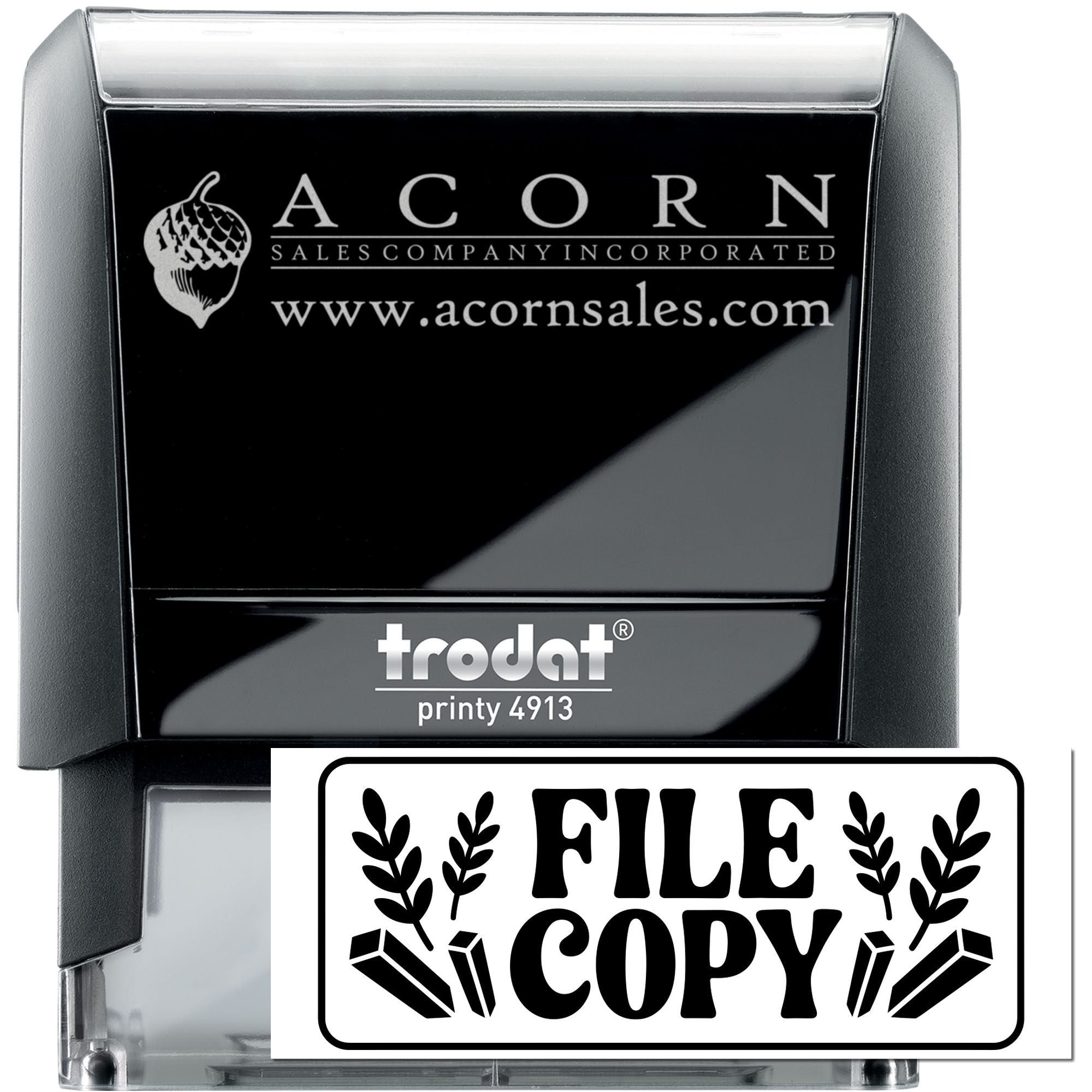 Custom self-inking logo rubber stamp for business branding, featuring Acorn Sales Co. and website on Trodat Printy 4913.