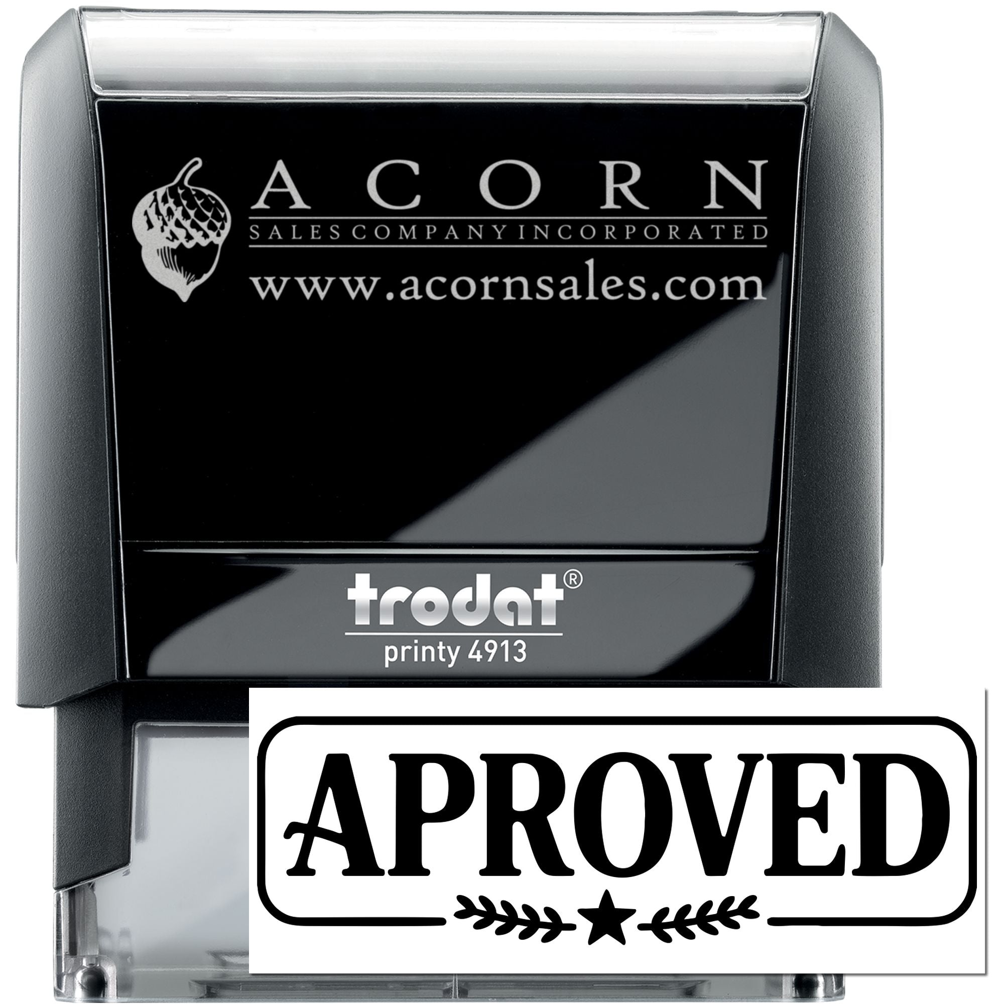 Custom self-inking rubber stamp with Acorn Sales logo and Approved imprint, Trodat Printy 4913.