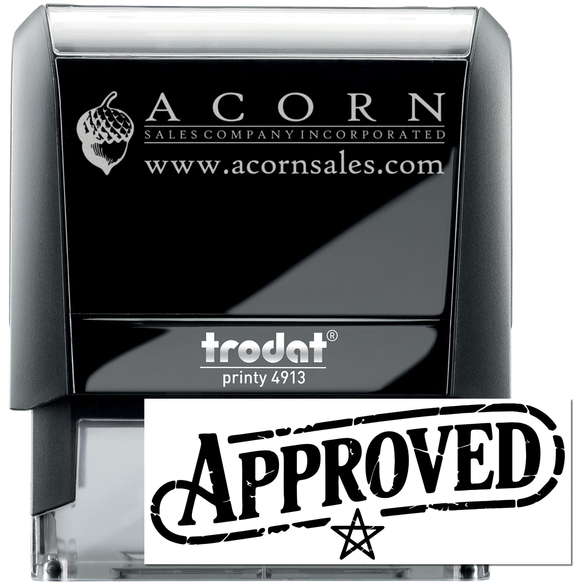 Custom Trodat Printy 4913 self-inking rubber stamp with Acorn Sales Company logo and Approved imprint for business use.