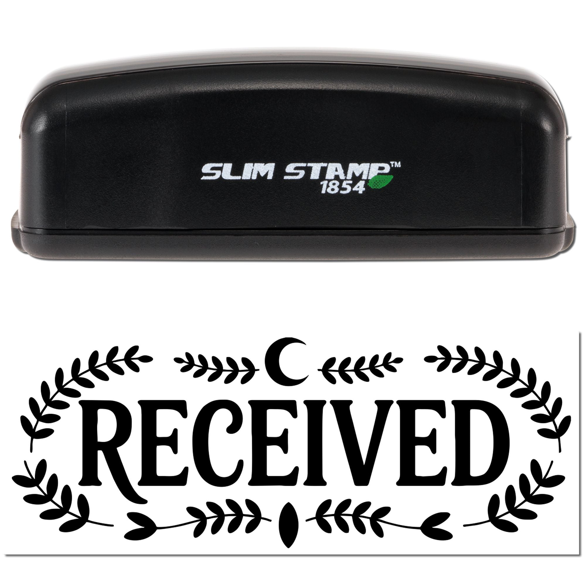 Slim Stamp 1854 custom Received rubber stamp with laurel border for office mail and document processing.