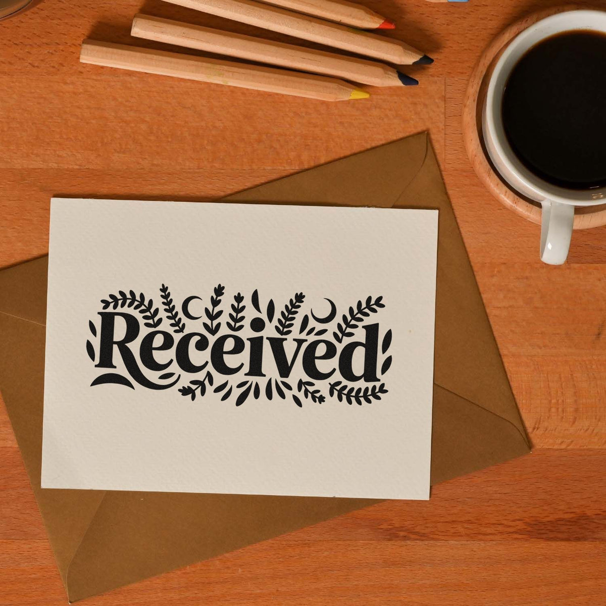Floral Received rubber stamp on a note card, ideal for mail processing, office organization, and stationery branding.