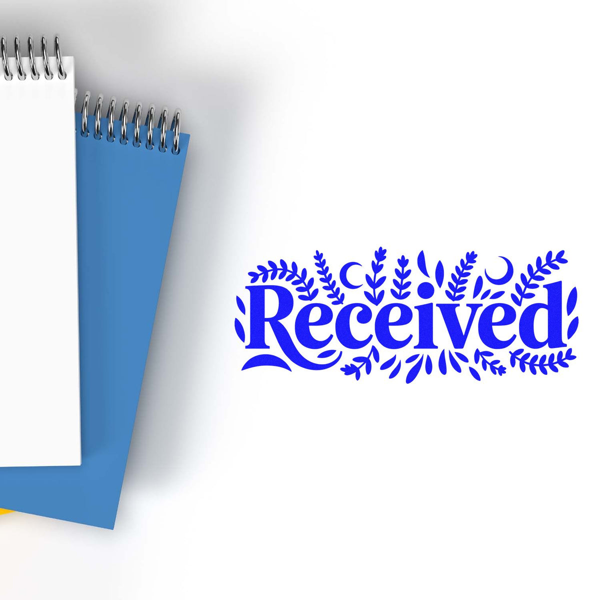 Decorative blue Received rubber stamp for office documents, paperwork approval, and filing.
