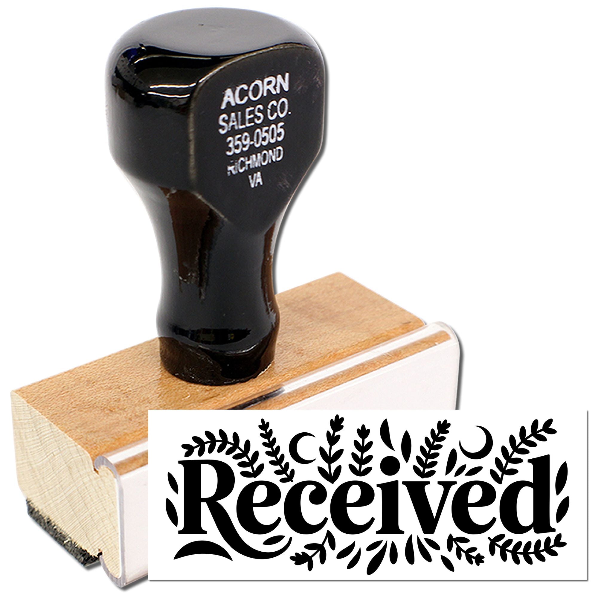 Wooden rubber stamp with Received impression, ideal for office document approval, mail sorting, and business processing.