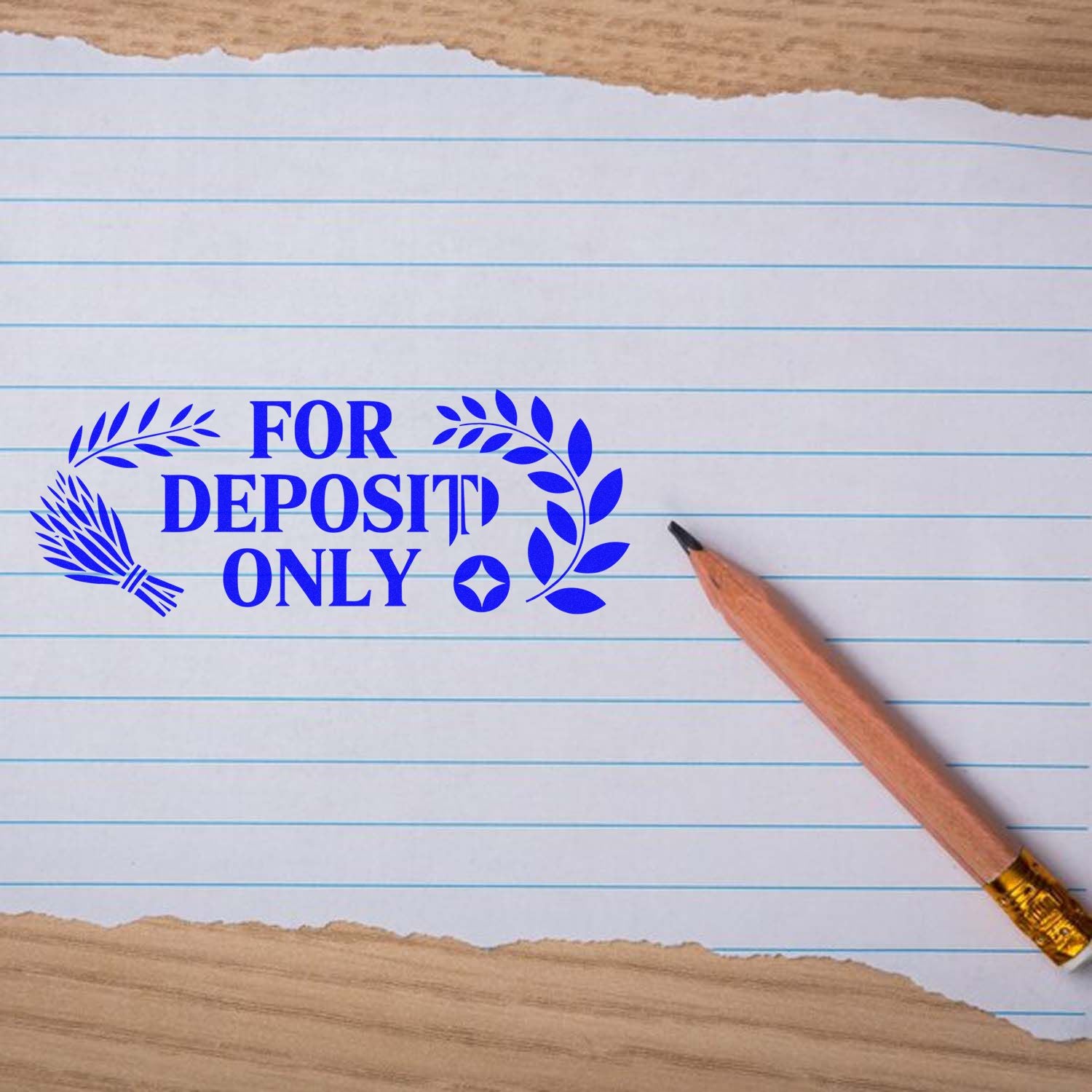 For Deposit Only rubber stamp on lined paper with pencil, ideal for bank deposit endorsement and check processing.