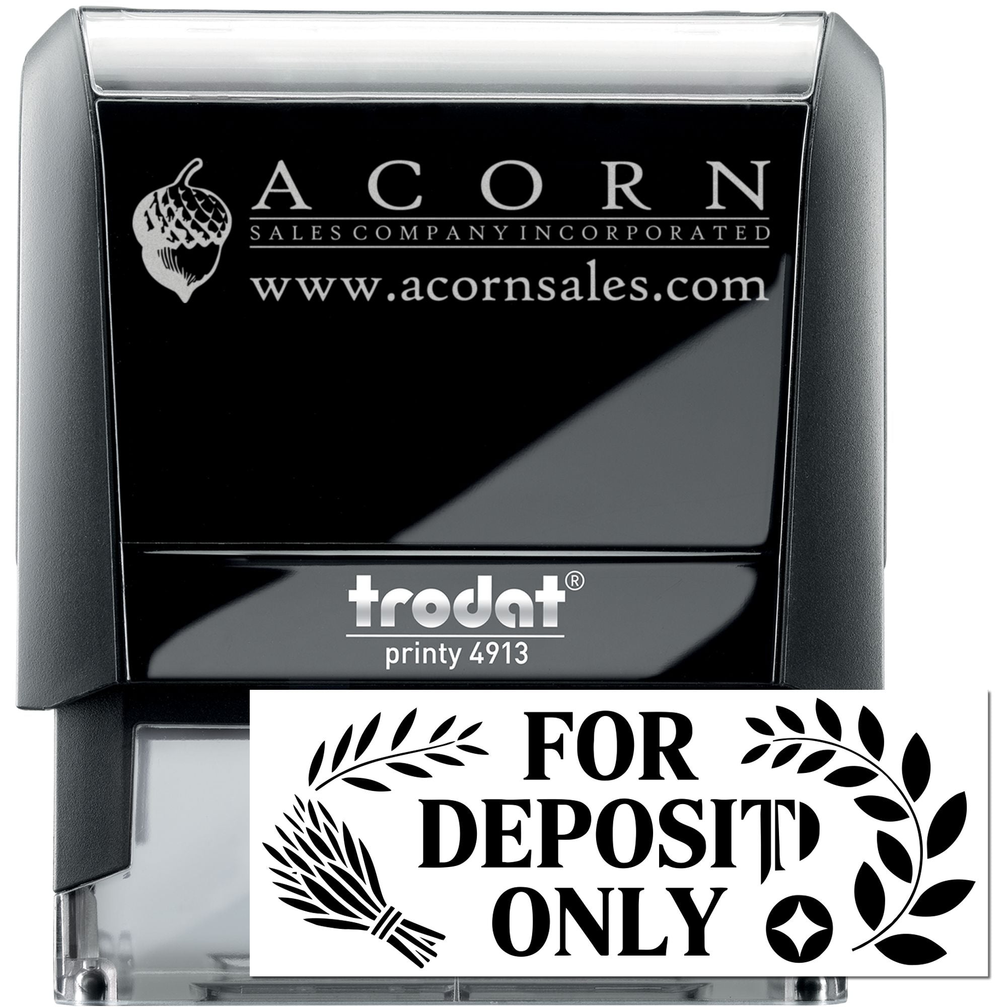 Custom self-inking rubber stamp with Acorn Sales Company logo and For Deposit Only bank deposit imprint by Trodat Printy 4913.