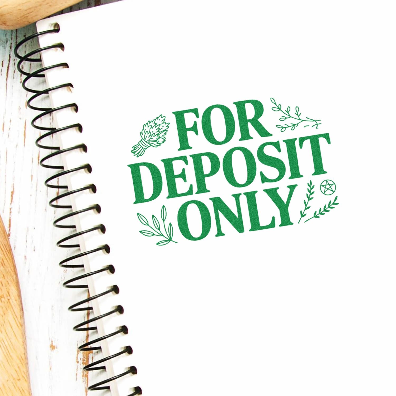 For Deposit Only rubber stamp with botanical accents, ideal for banking, business deposits, and check endorsement.