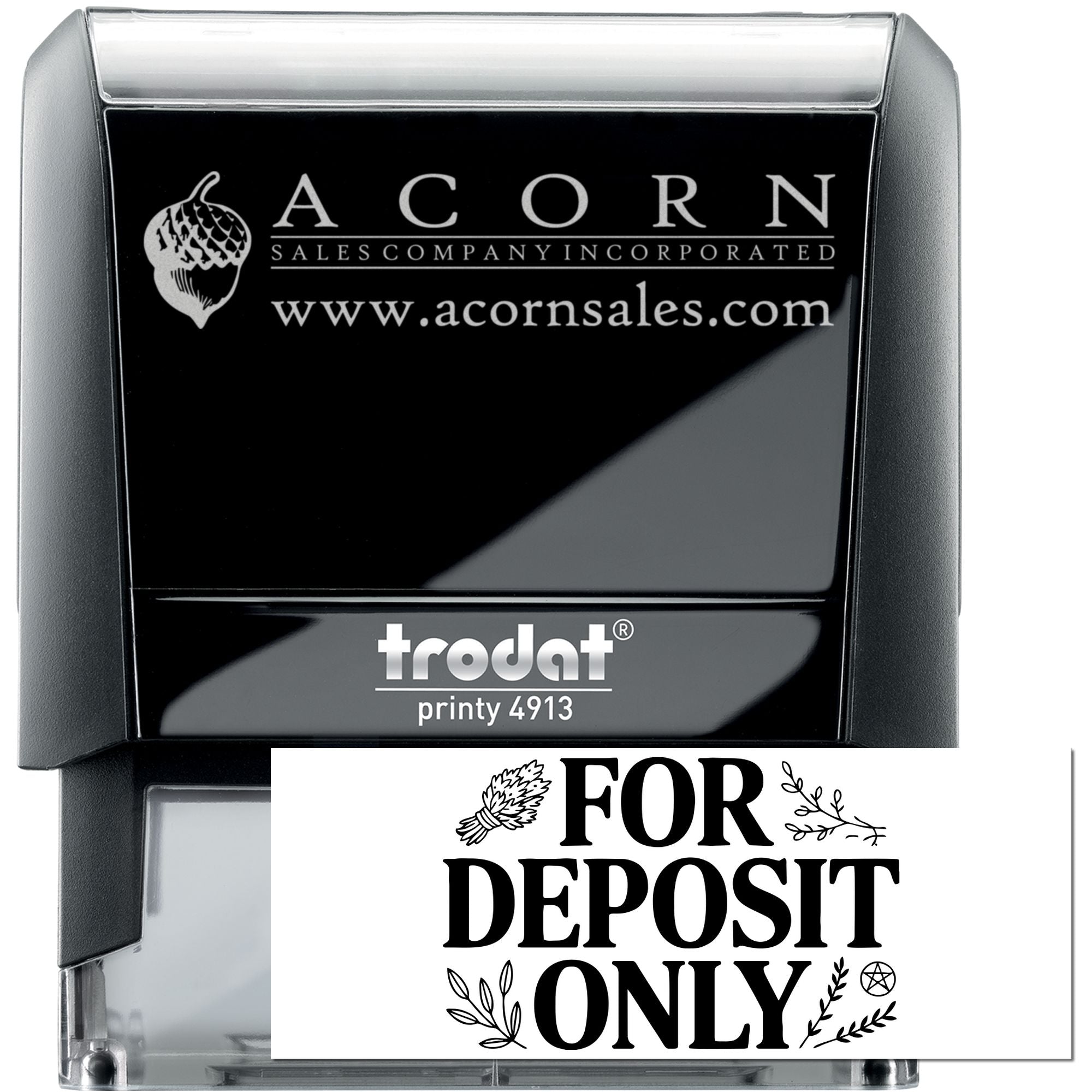 Custom Trodat Printy 4913 rubber stamp with Acorn Sales logo and For Deposit Only deposit endorsement.