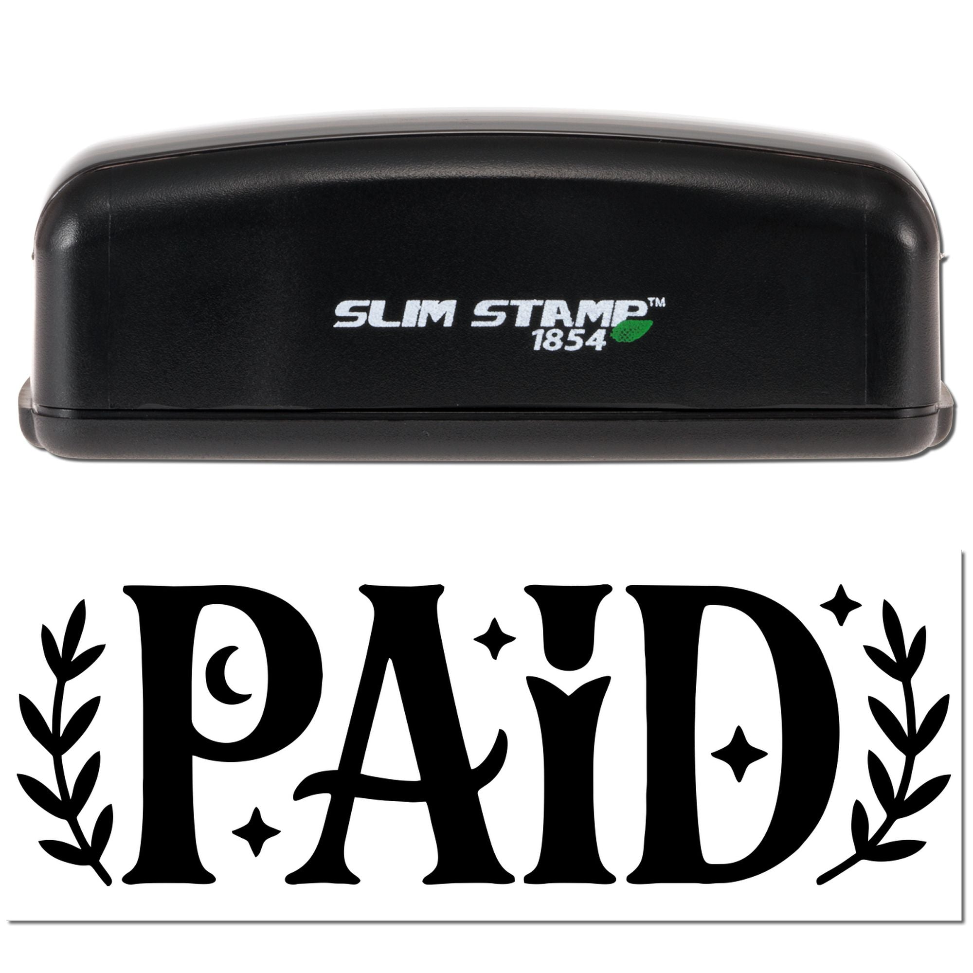 Slim Stamp 1854 rubber stamp showing PAID impression with decorative leaves for office or business use.