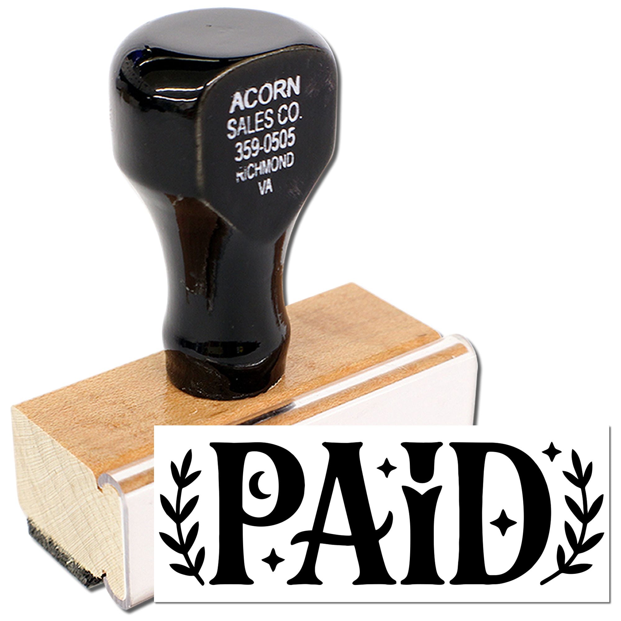 Paid rubber stamp with wood handle for marking invoices, receipts, and office documents.