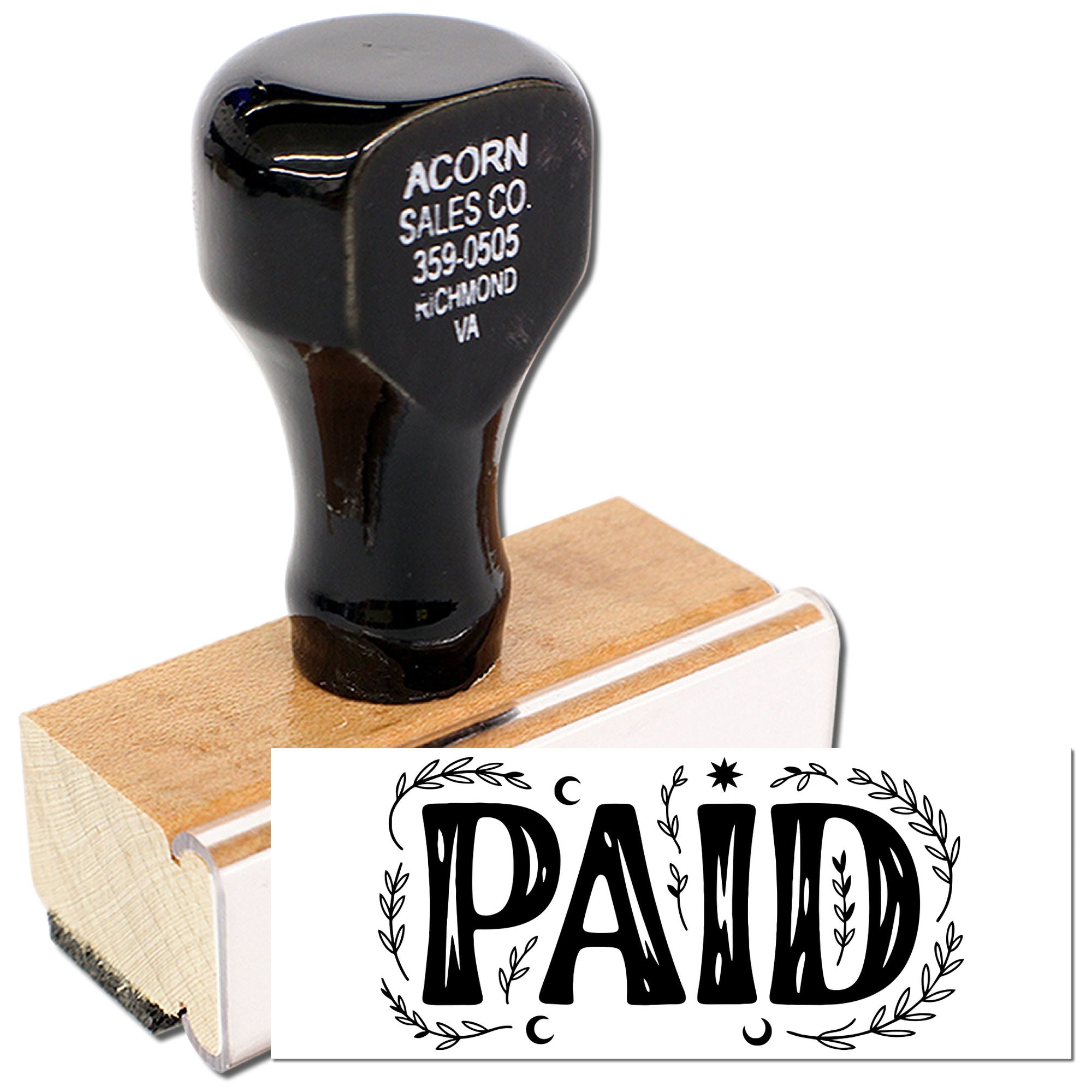 Custom PAID rubber stamp with wooden handle for business invoices, receipts, and accounting documents.