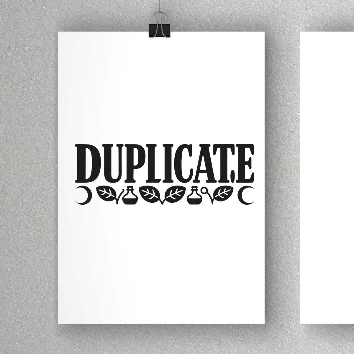 Bold DUPLICATE rubber stamp design with decorative leaves, moons, and bottles for branding, labeling, or packaging.