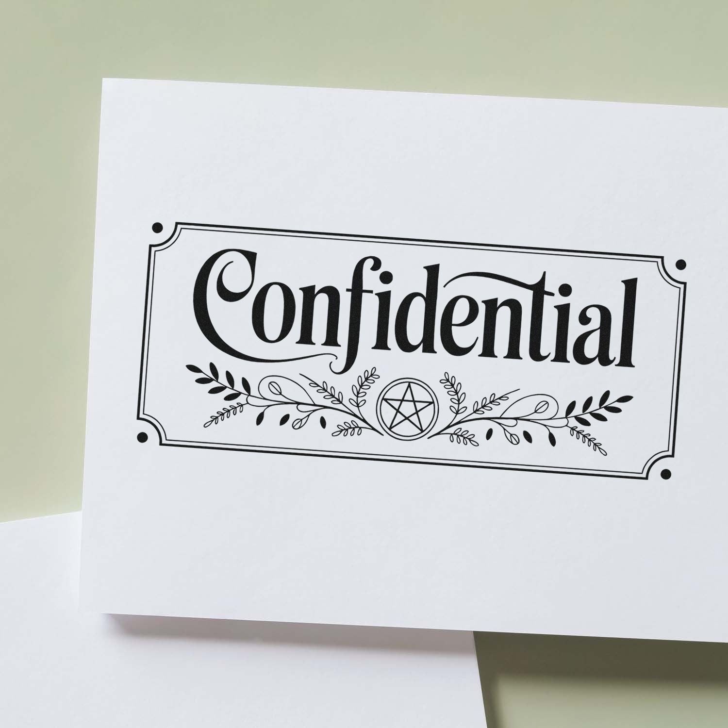 Decorative Confidential rubber stamp design on paper with vintage border and botanical flourishes