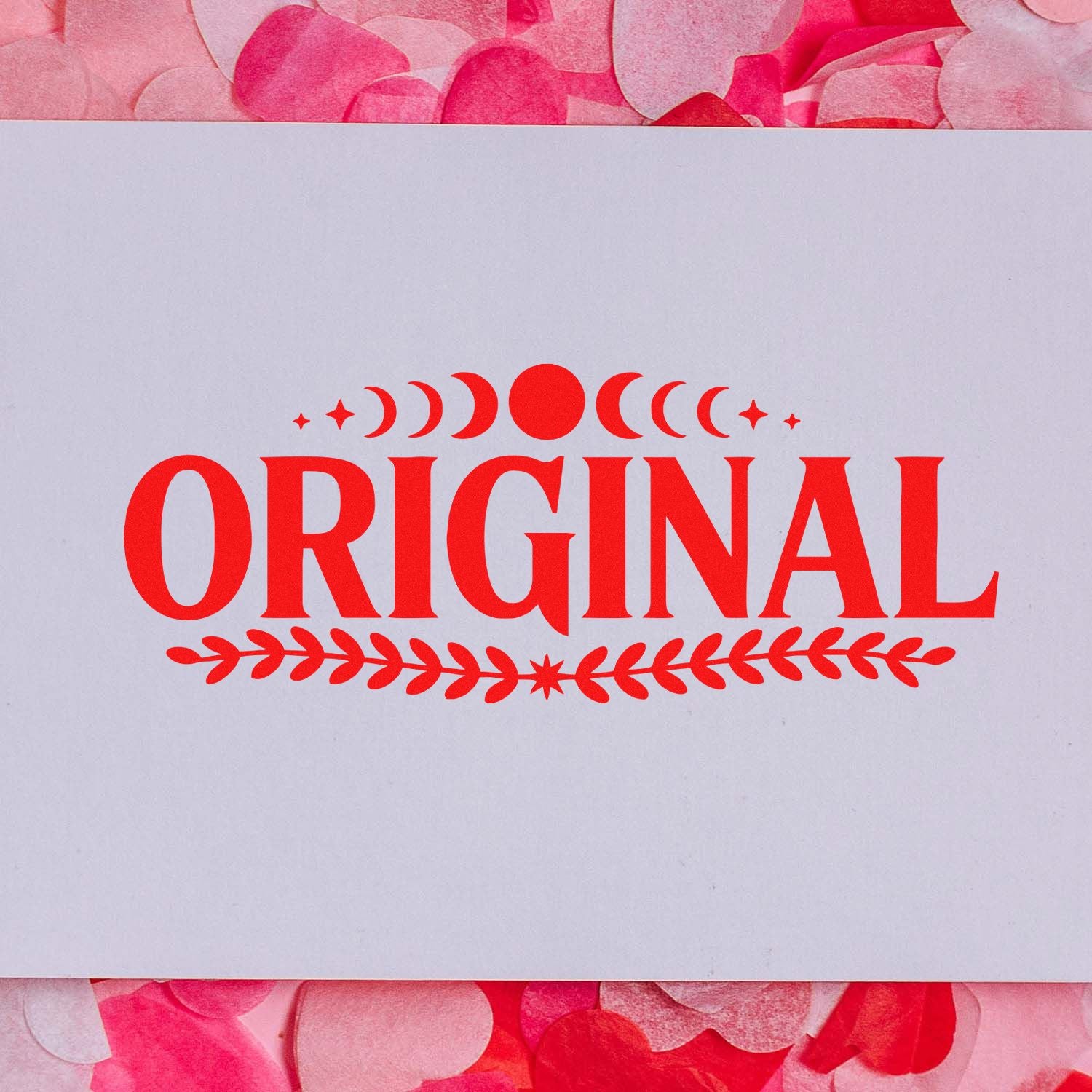Original rubber stamp impression in red on white card, ideal for handmade branding, packaging, and stationery.