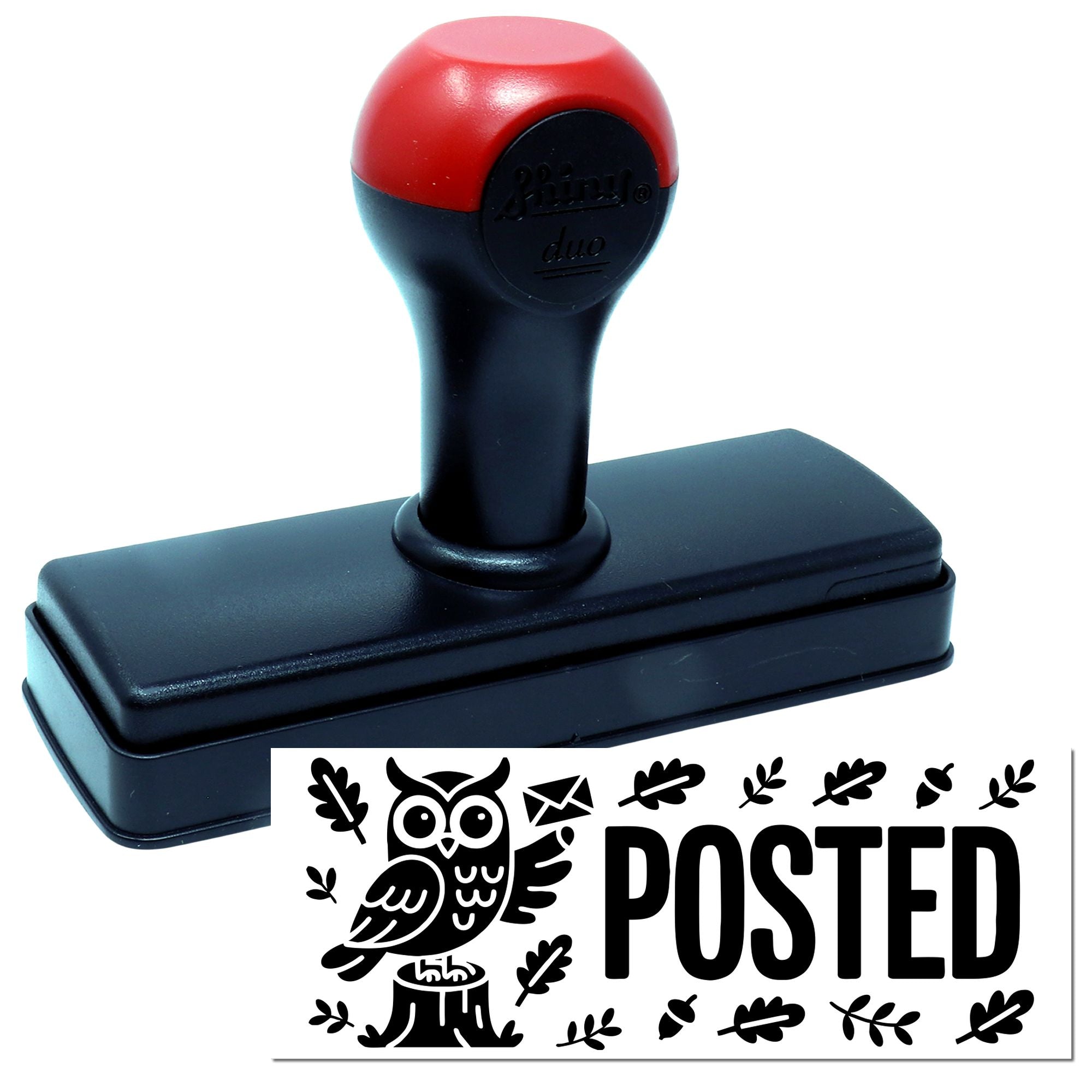 Self-inking rubber stamp with owl and POSTED imprint for office mail and correspondence.