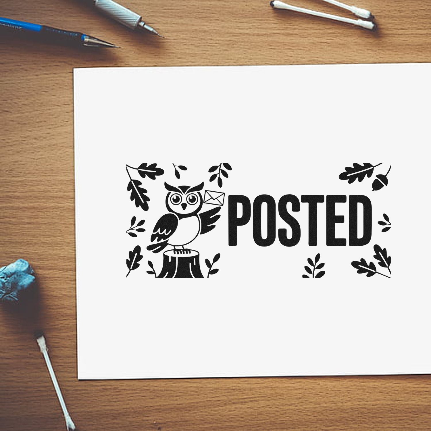 Owl and leaves POSTED rubber stamp design on paper, ideal for handmade stationery, craft projects, and postal-themed packaging.