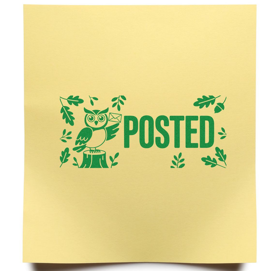 Green owl and leaves POSTED rubber stamp design on yellow paper, ideal for mailing, office, and craft projects.