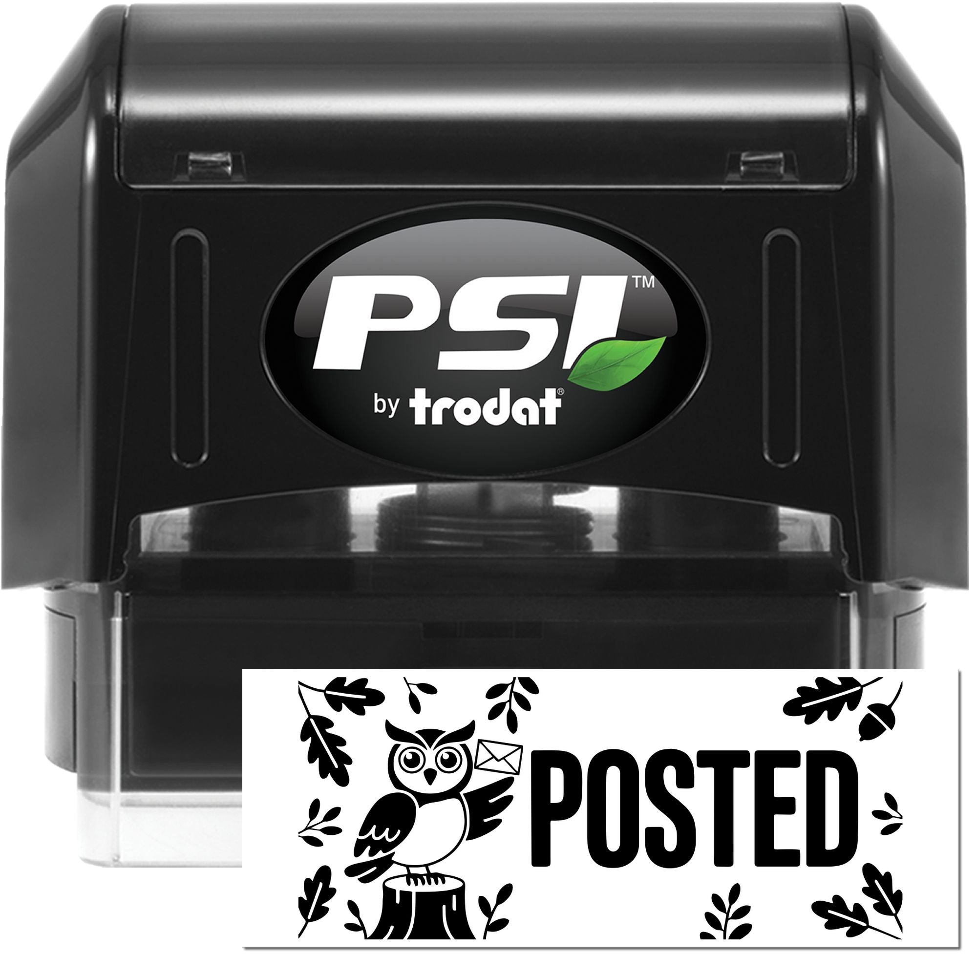 PSI by Trodat self-inking rubber stamp with Posted owl design for business mail and paperwork.