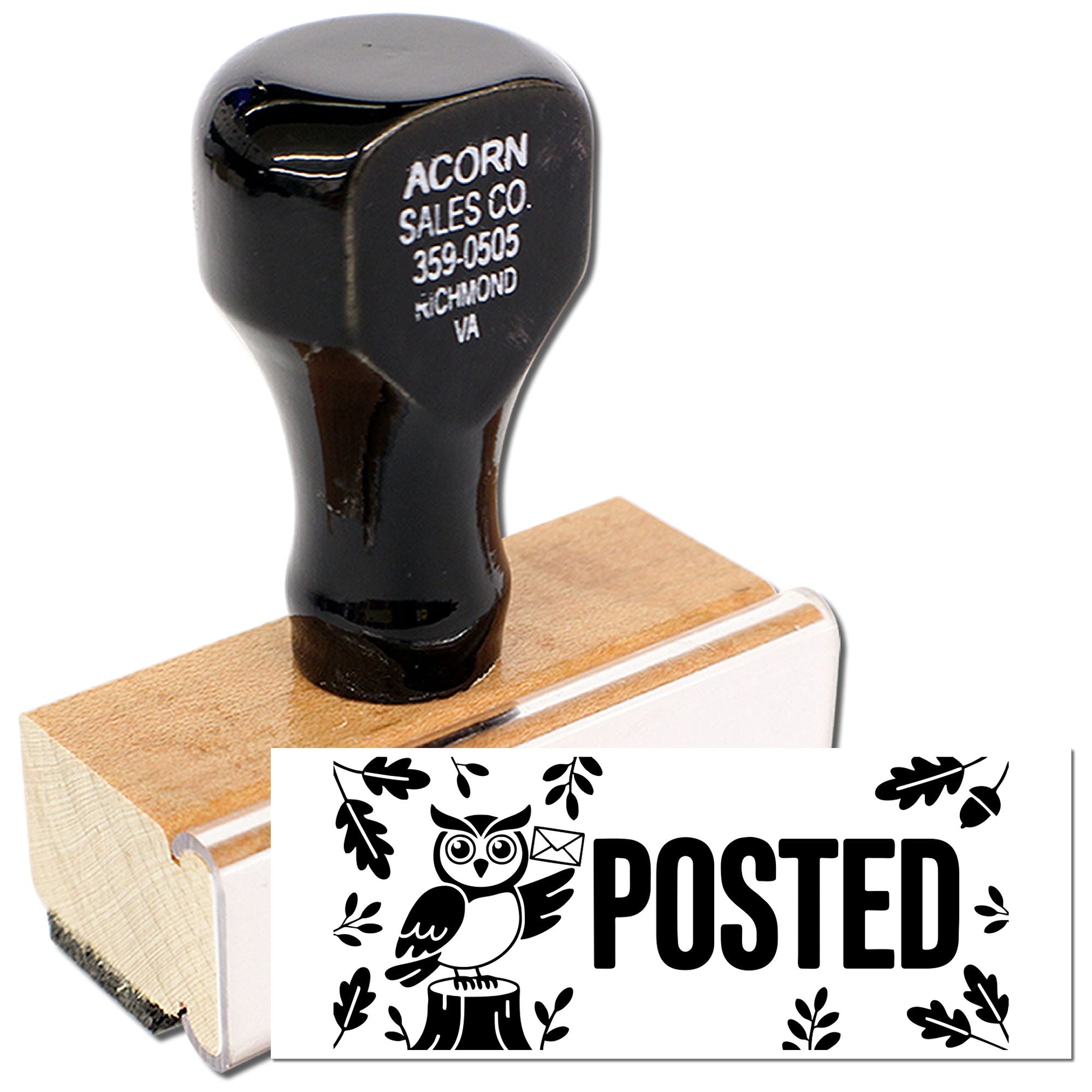 Custom rubber stamp with POSTED owl design for mailing, packaging, and business branding.