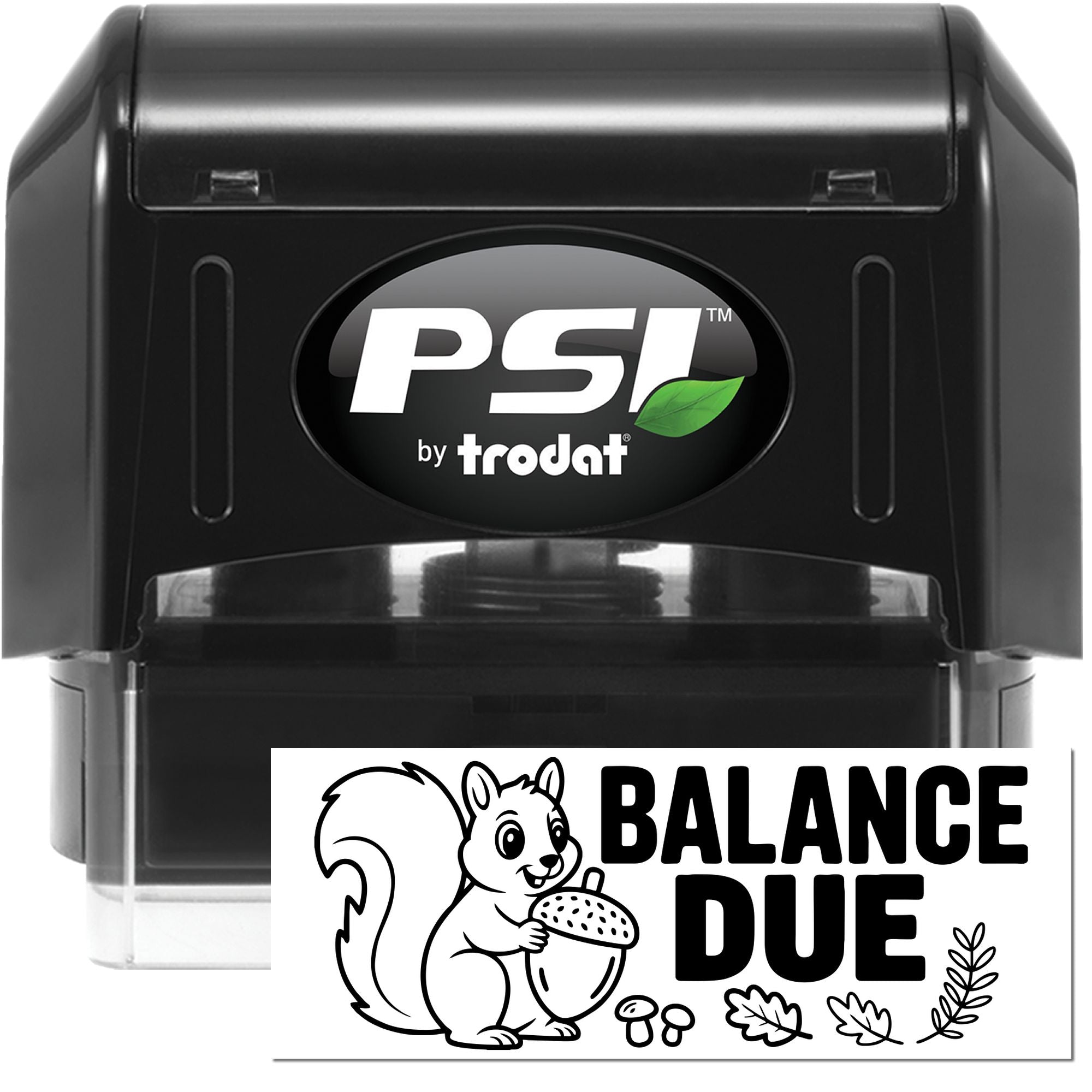 PSI by Trodat self-inking rubber stamp with Balance Due squirrel design for office accounting and reminder use