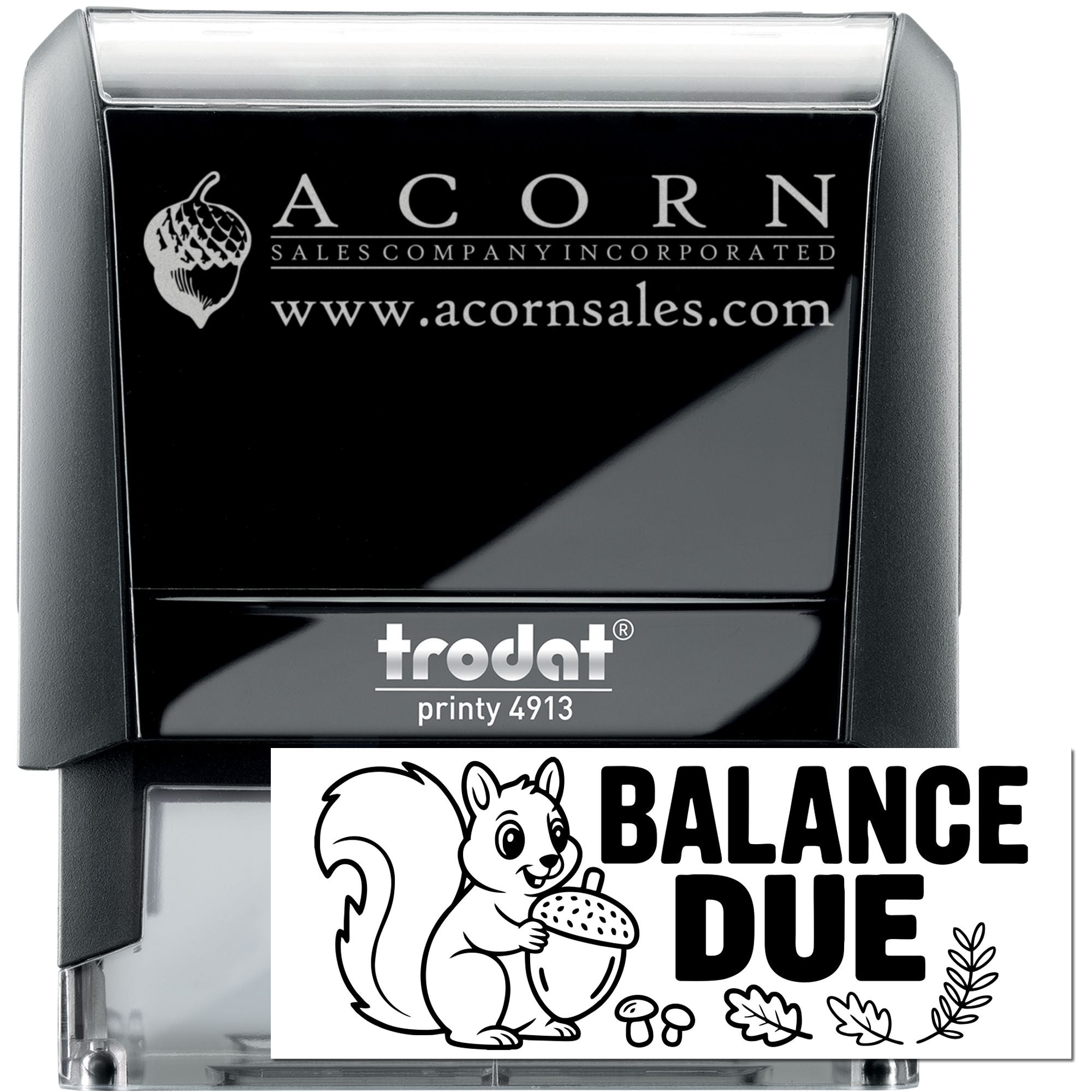 Custom self-inking rubber stamp for invoices with Acorn Sales logo and balance due squirrel design, Trodat Printy 4913