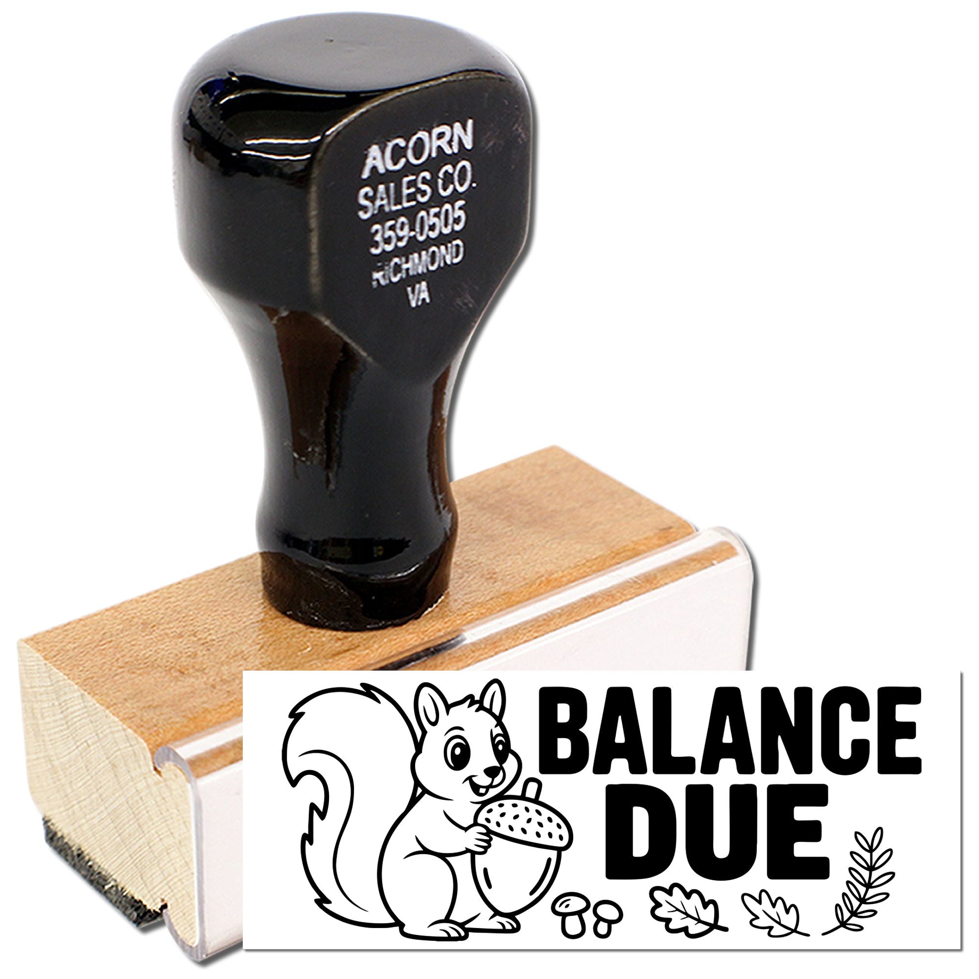 Balance Due rubber stamp with squirrel design and wooden handle, ideal for invoicing and overdue payment reminders.