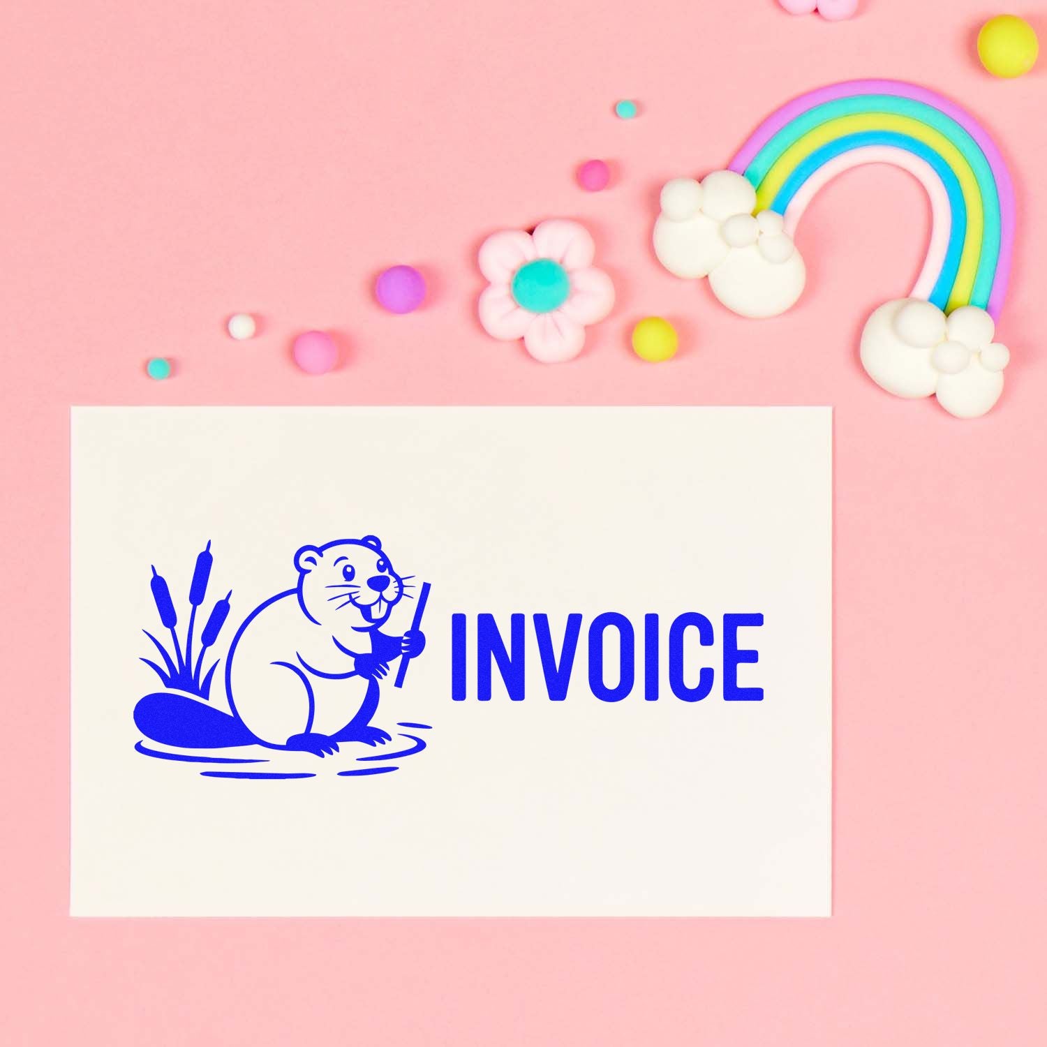 Custom invoice rubber stamp with beaver illustration, perfect for office billing and accounting paperwork.