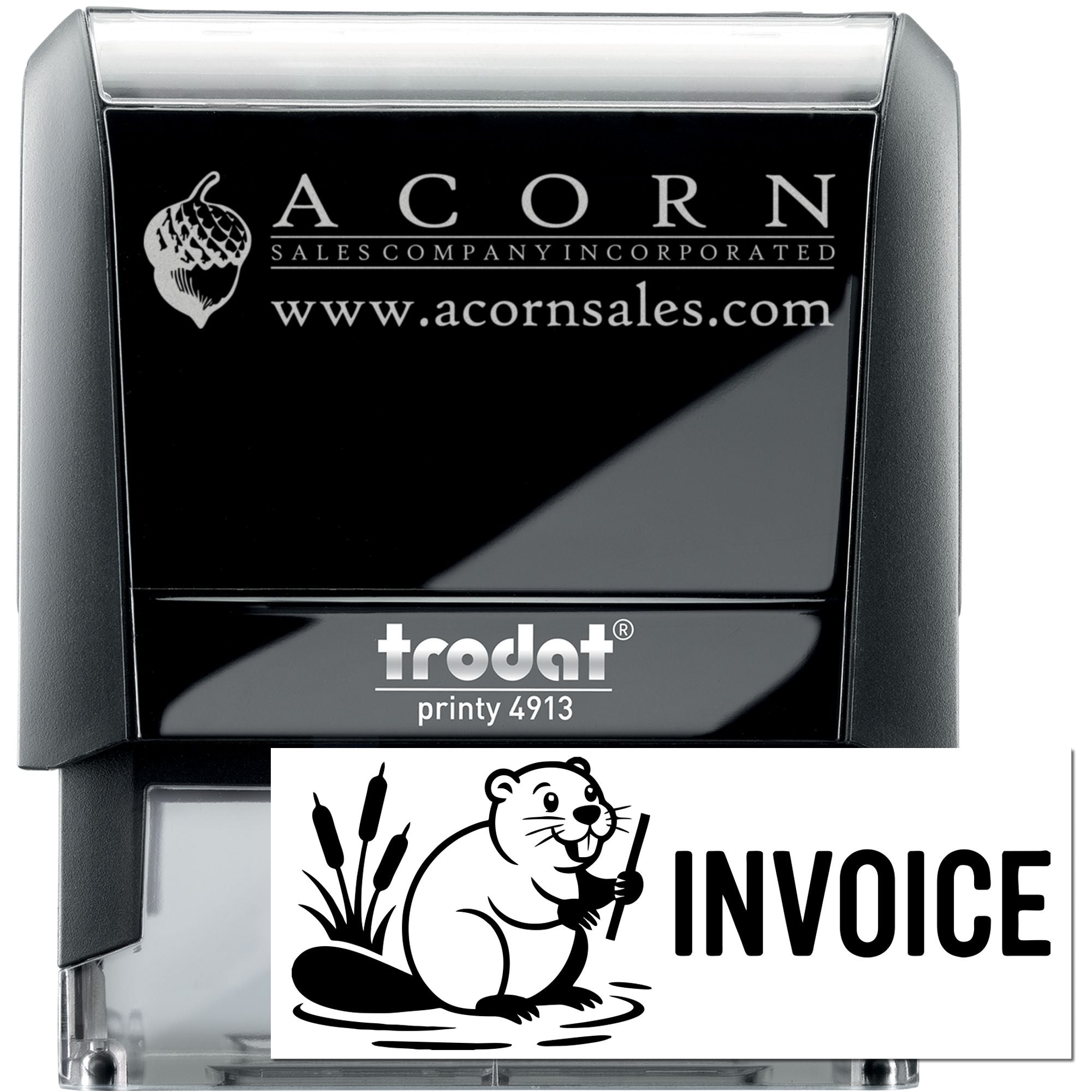 Custom self-inking rubber stamp with Acorn Sales Company logo and invoice imprint, Trodat Printy 4913.