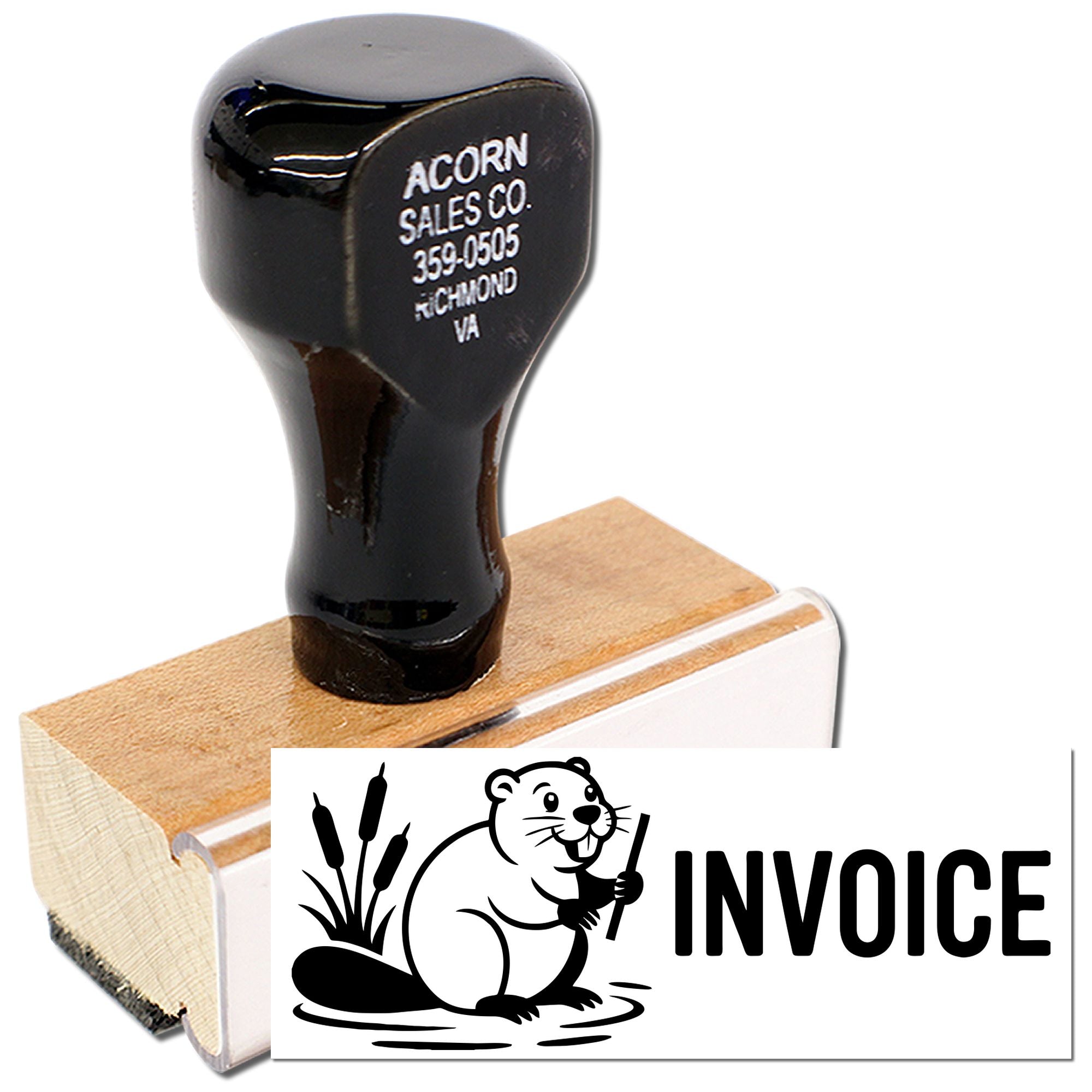 Custom invoice rubber stamp with beaver logo for business document marking and accounting.