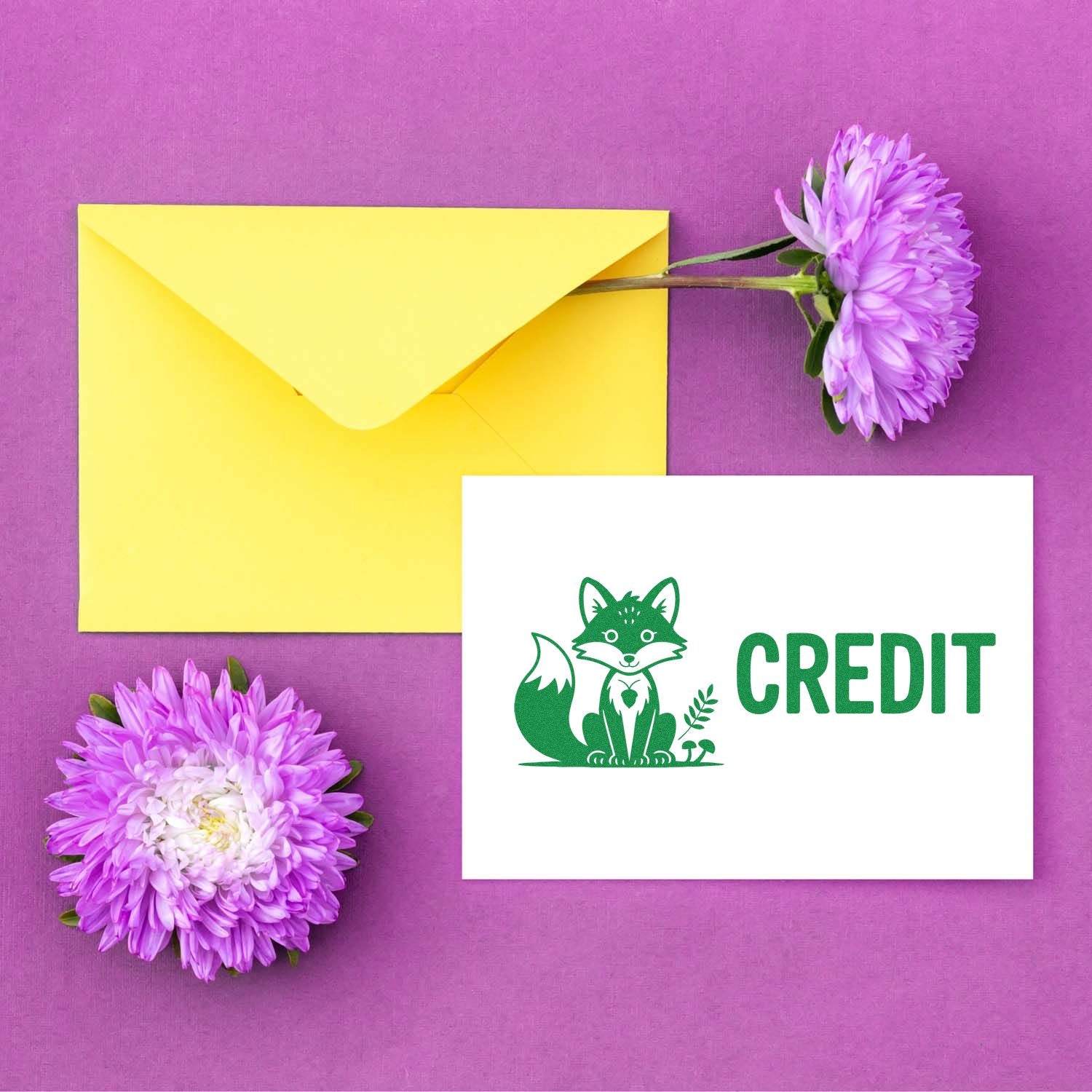 Green fox CREDIT rubber stamp on a white card, styled with a yellow envelope and purple flowers.