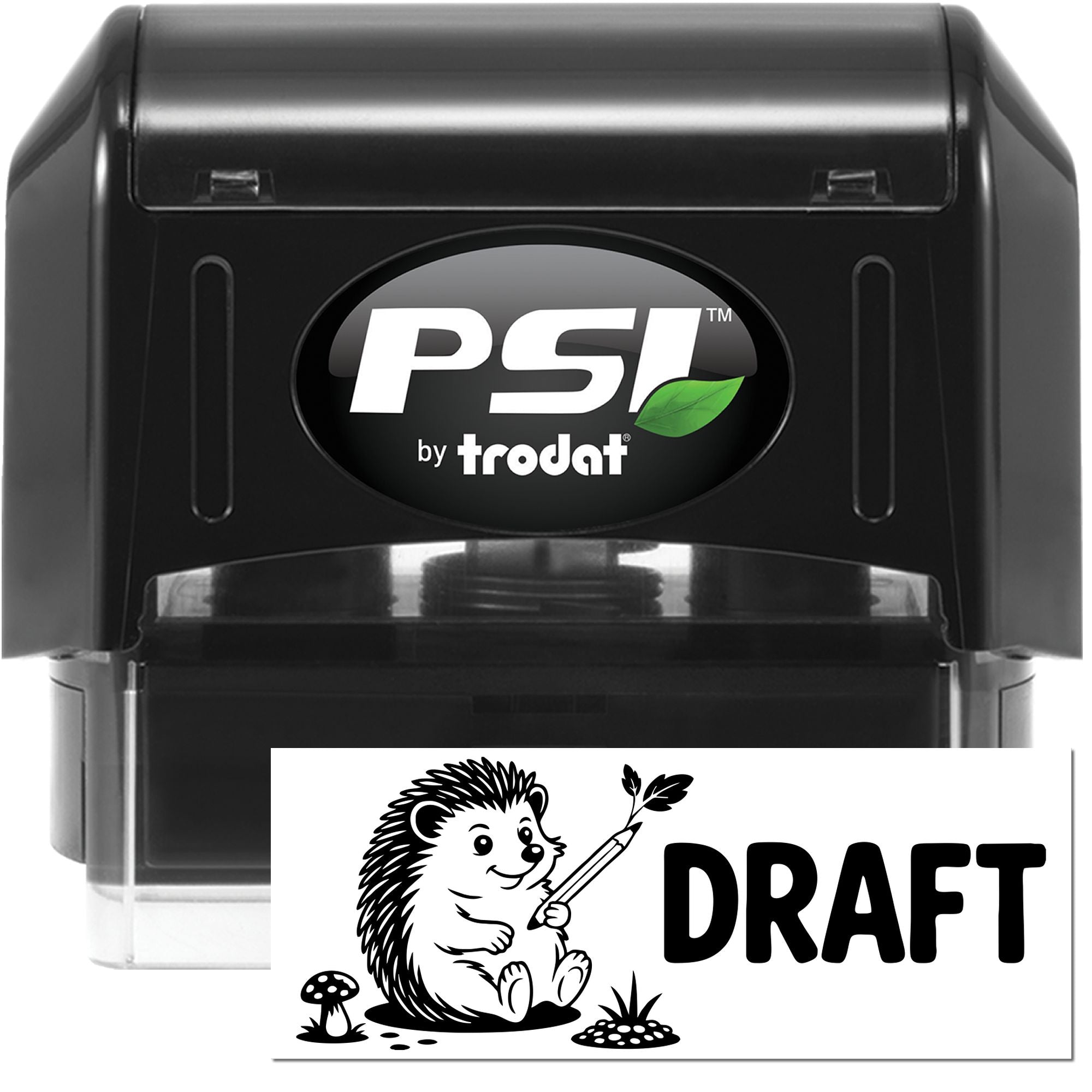 PSI by Trodat self-inking rubber stamp featuring a draft hedgehog design for marking document drafts.