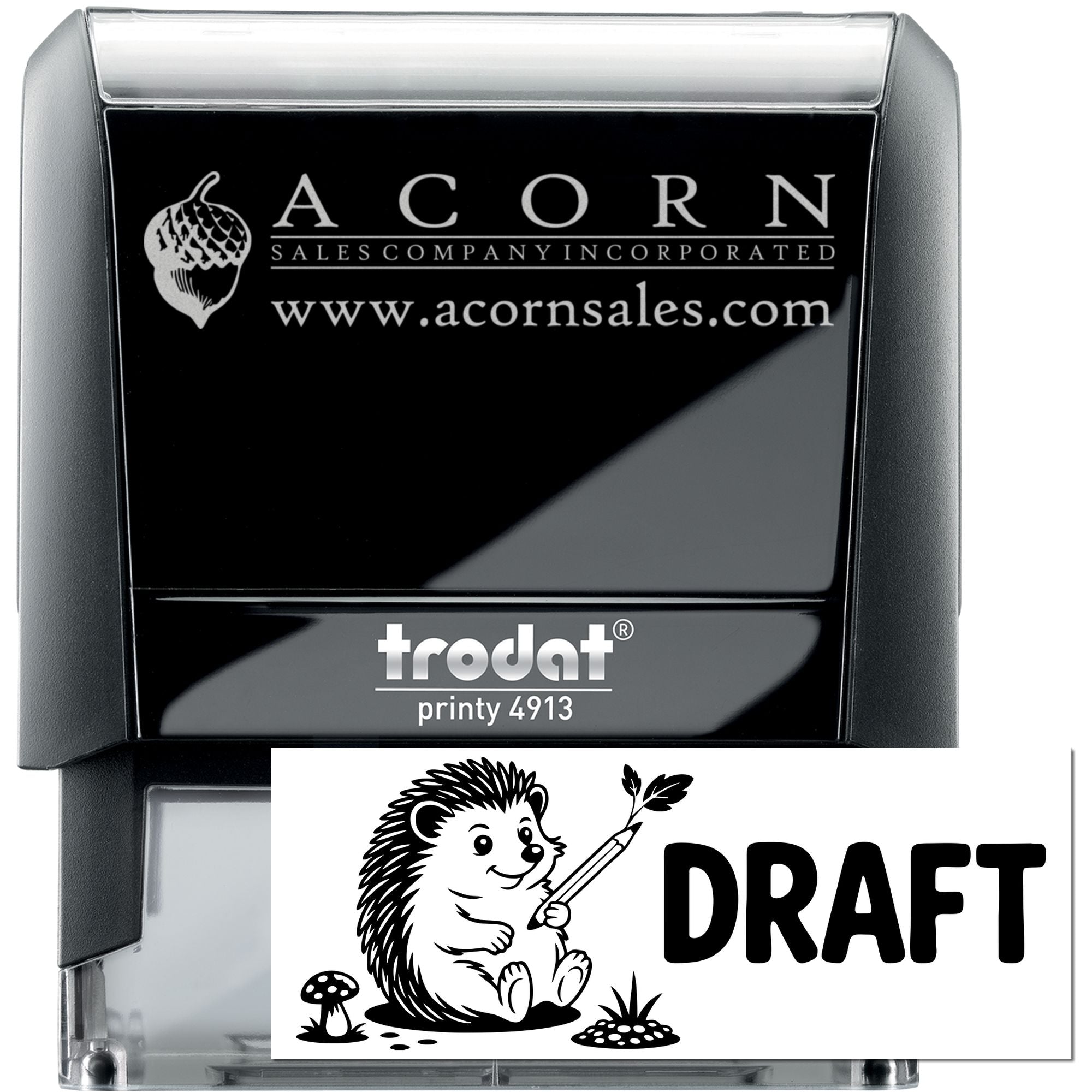 Custom business rubber stamp: Trodat Printy 4913 self-inking stamp with Acorn Sales logo and draft imprint sample