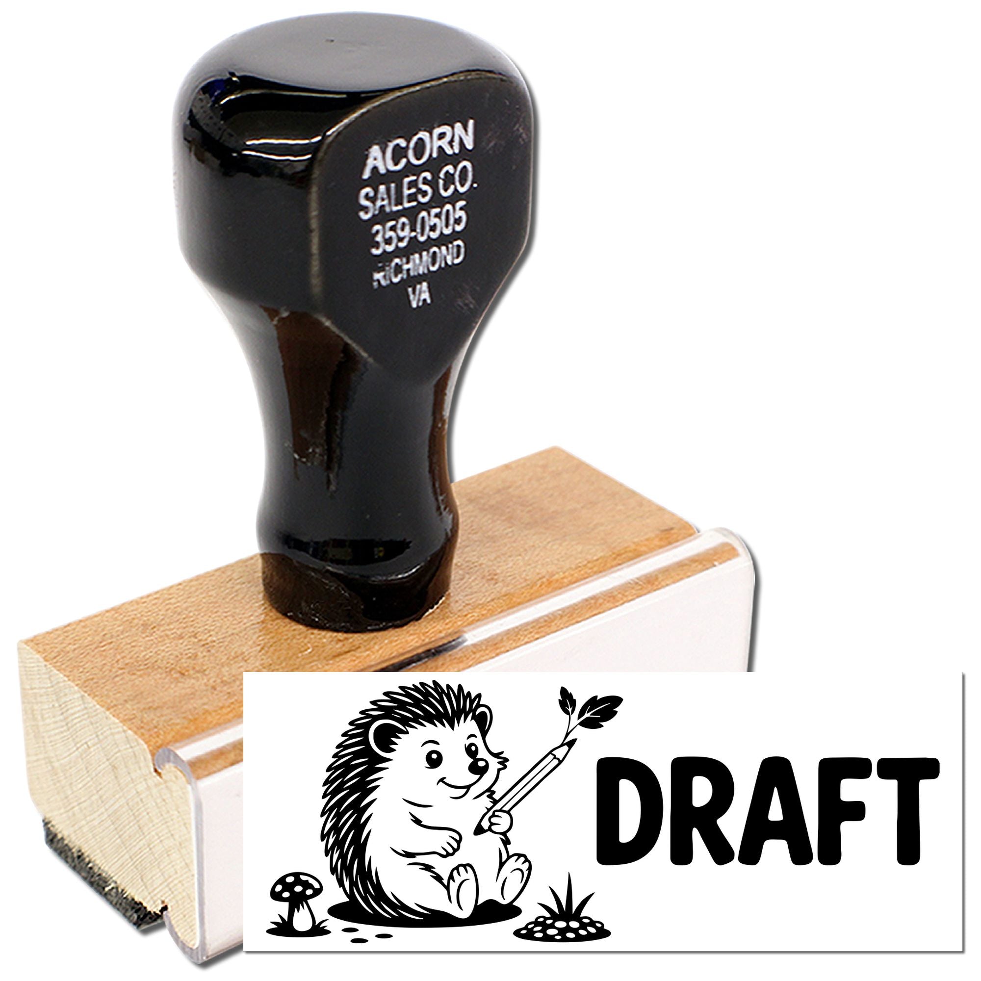 Custom wood-handled rubber stamp with hedgehog draft design for marking office documents and craft projects.