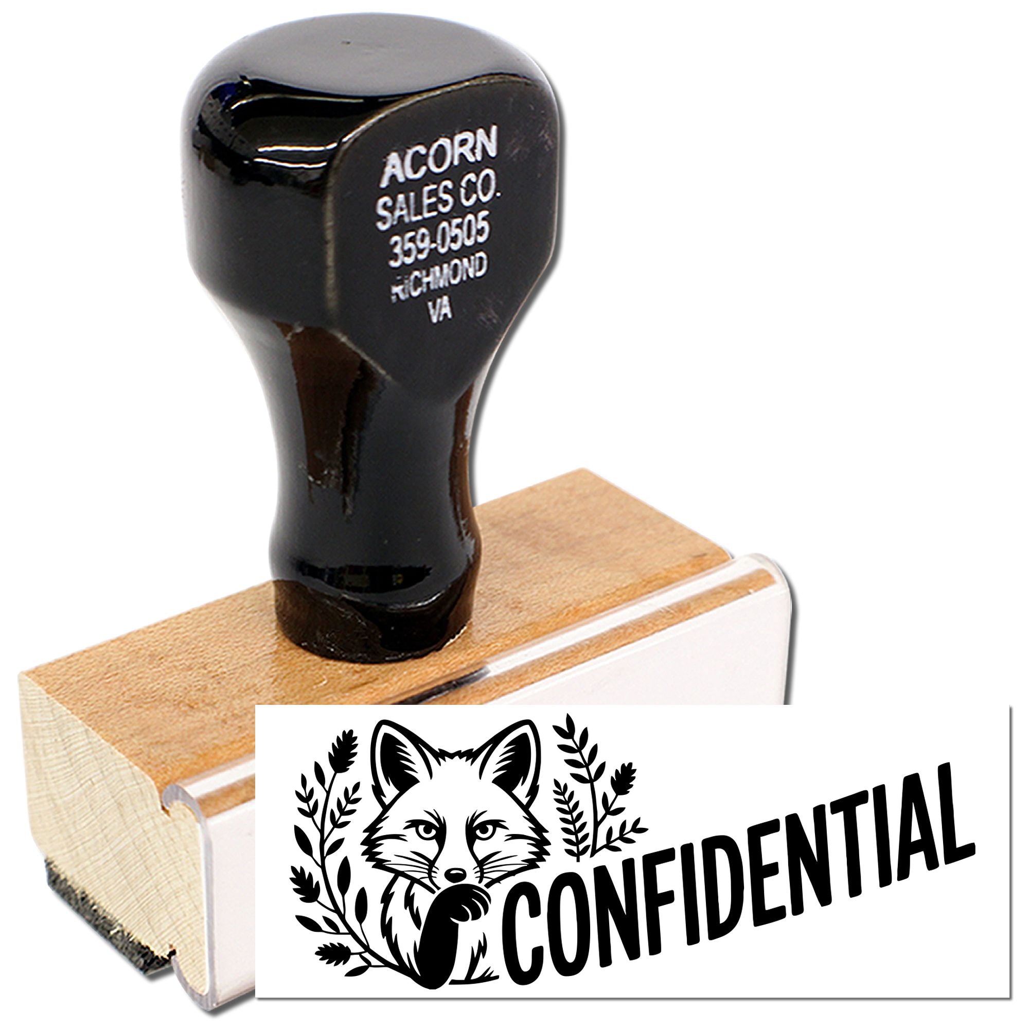 Custom rubber stamp with CONFIDENTIAL fox logo for office document marking and branding.