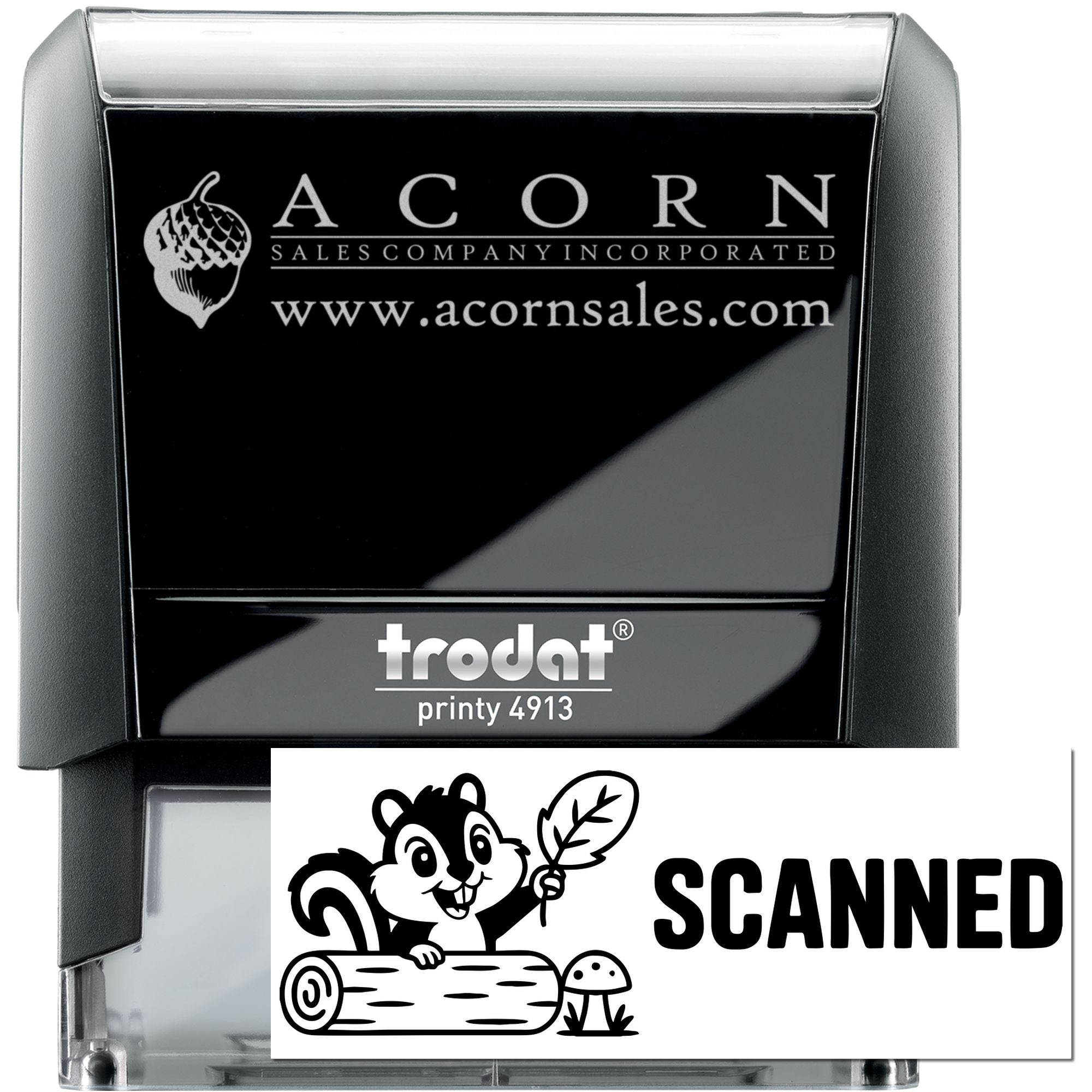 Custom Trodat Printy 4913 self-inking rubber stamp with Acorn Sales logo and SCANNED squirrel artwork.