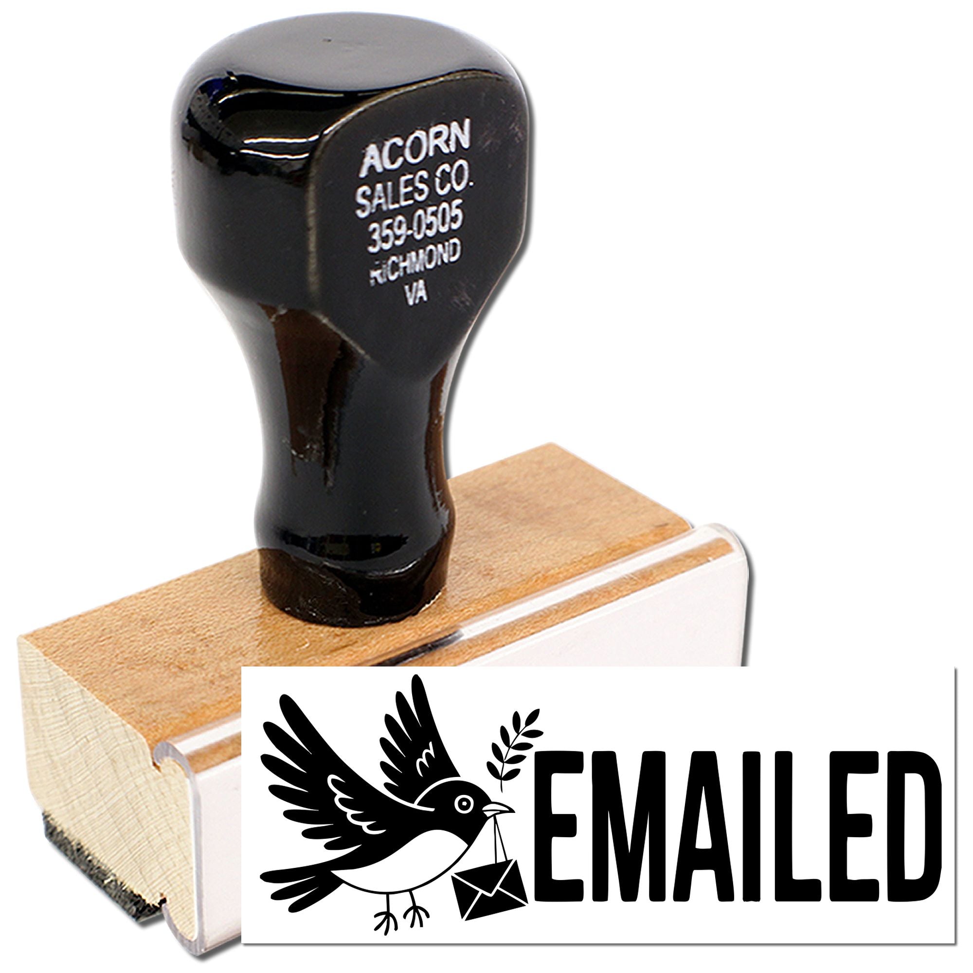 Wooden rubber stamp with EMAILED bird-and-envelope design for office mail processing and business correspondence.