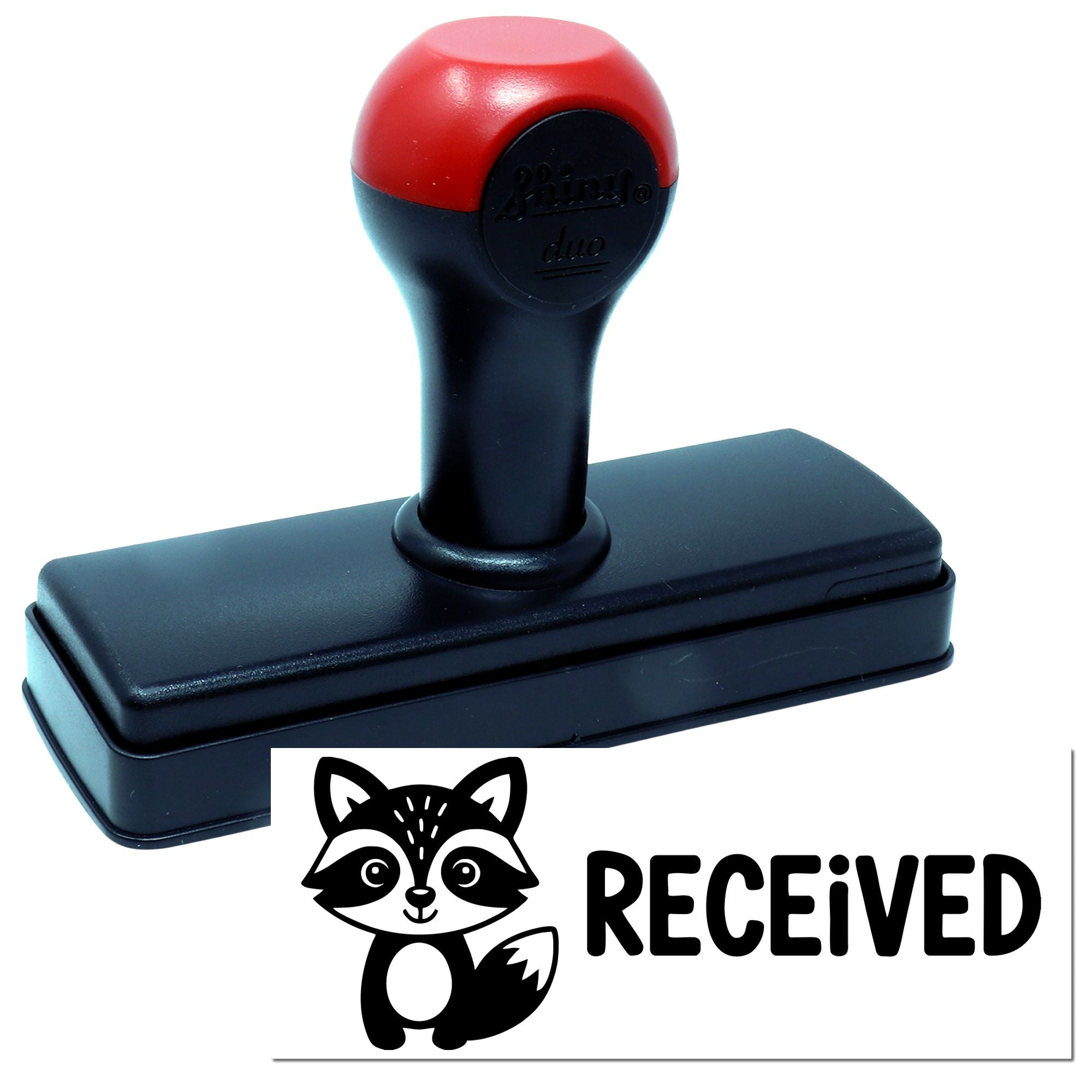 Self-inking rubber stamp with raccoon RECEIVED impression for office mail, paperwork, and custom receipt marking