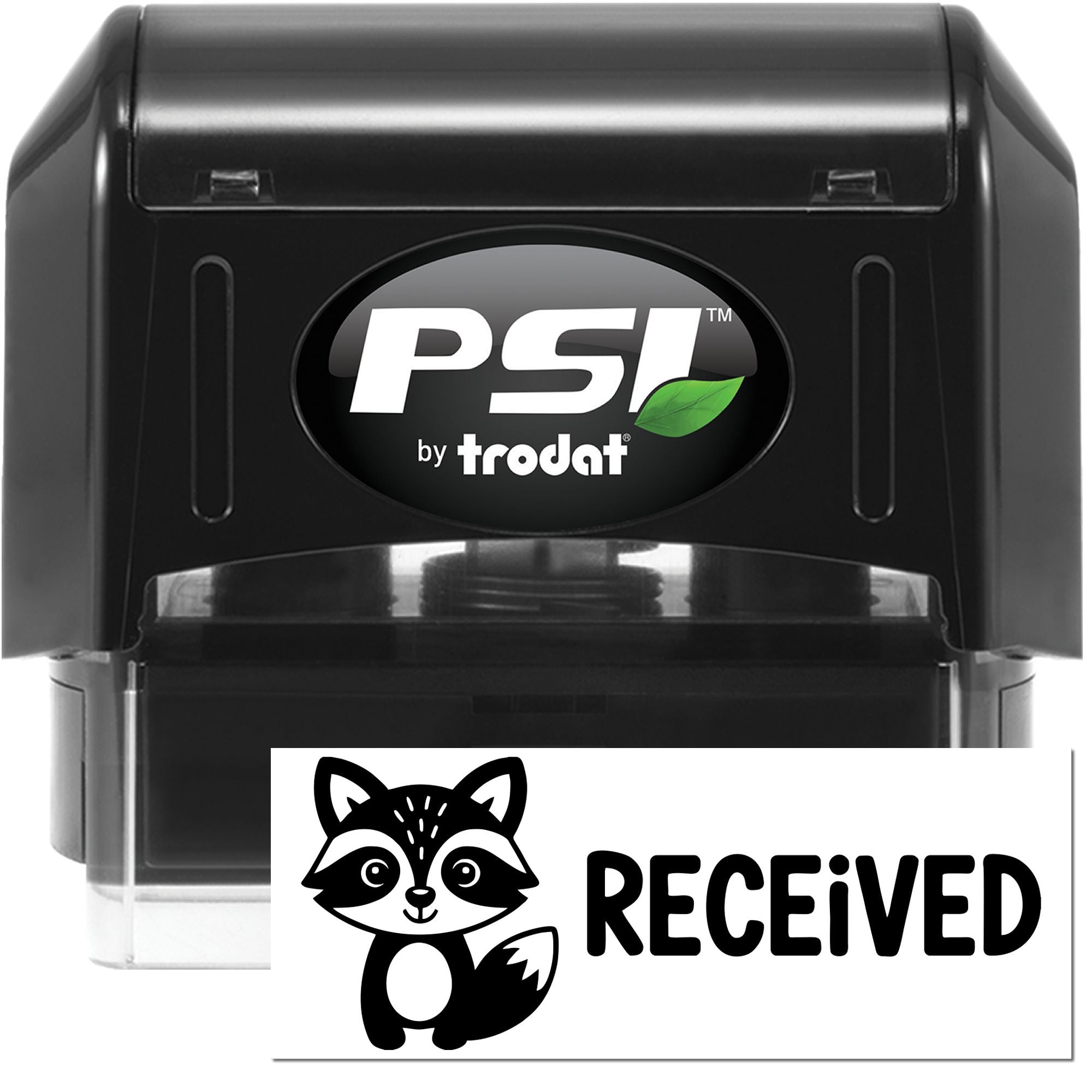 PSI by Trodat self-inking rubber stamp with custom RECEIVED raccoon design