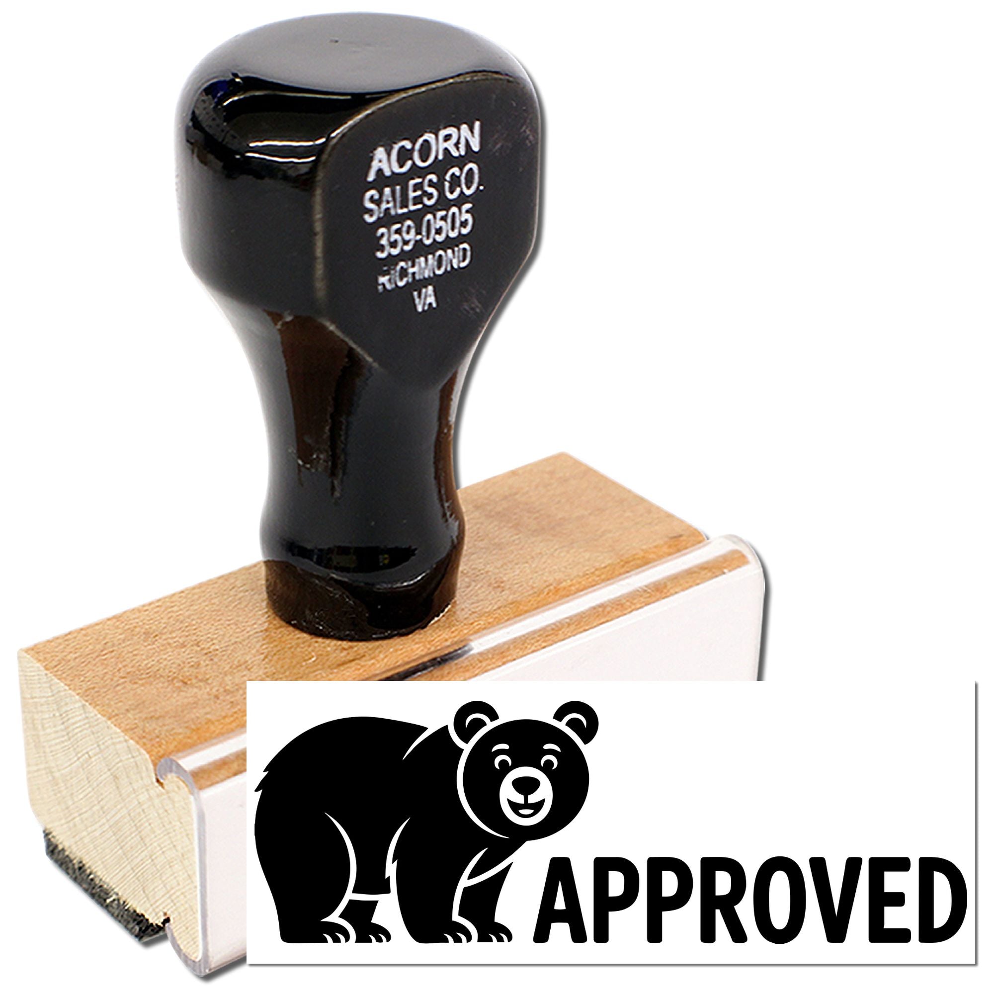 Custom rubber stamp for business approvals, shown with Acorn Sales Co. imprint and bear-approved APPROVED sample.