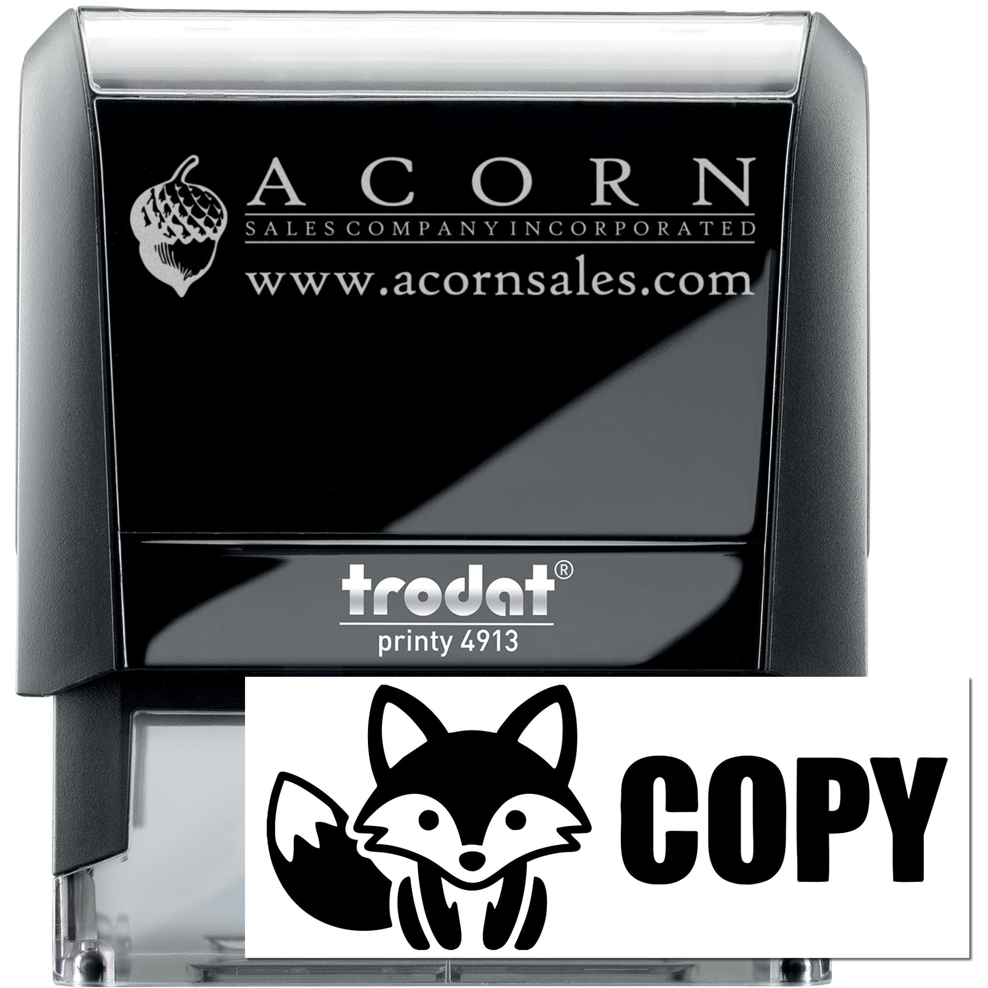 Custom self-inking rubber stamp, Trodat Printy 4913, with Acorn Sales Company logo and COPY fox mark.