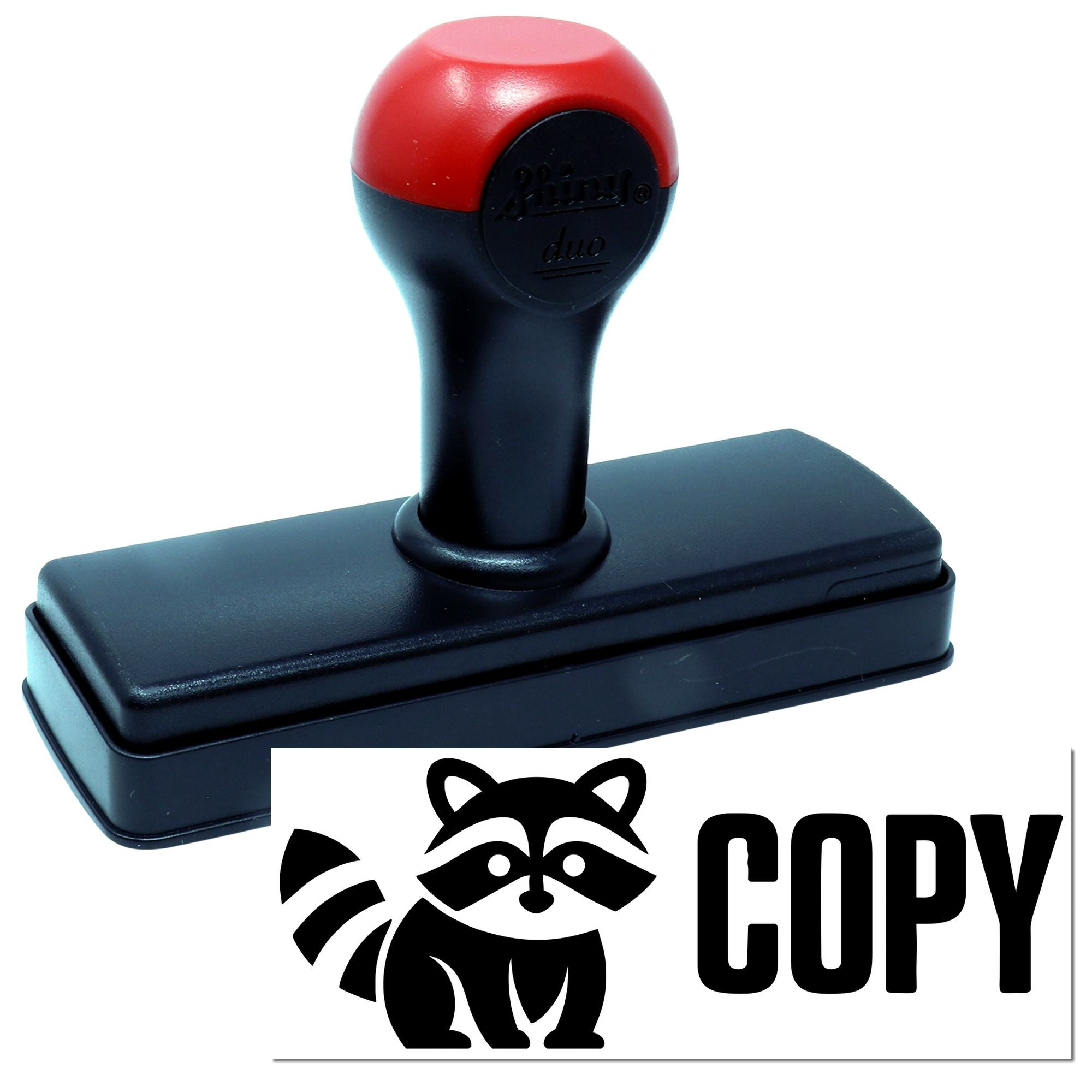 Self-inking COPY rubber stamp with raccoon logo for marking duplicate documents and office files.