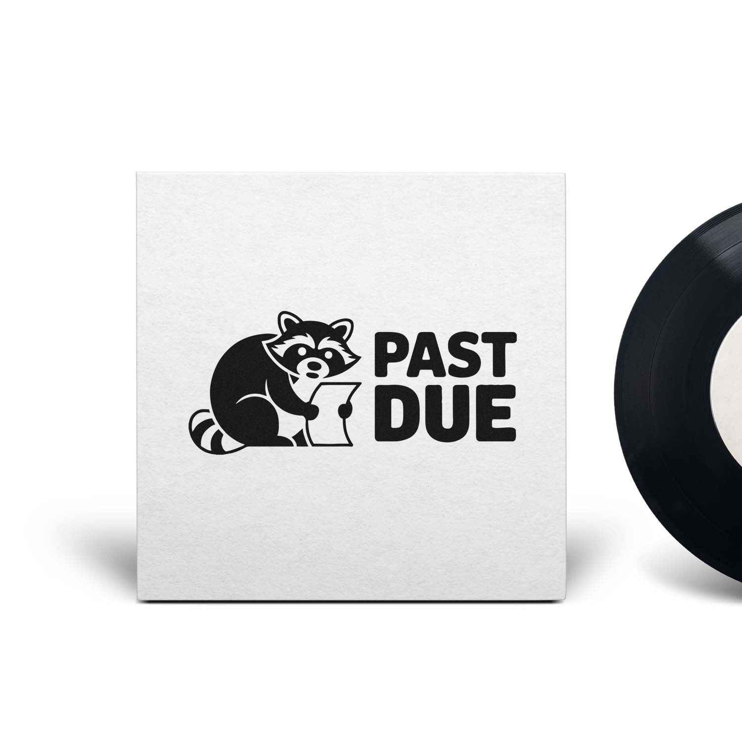 Past Due raccoon rubber stamp design for overdue notices, featuring a cute raccoon holding a paper.