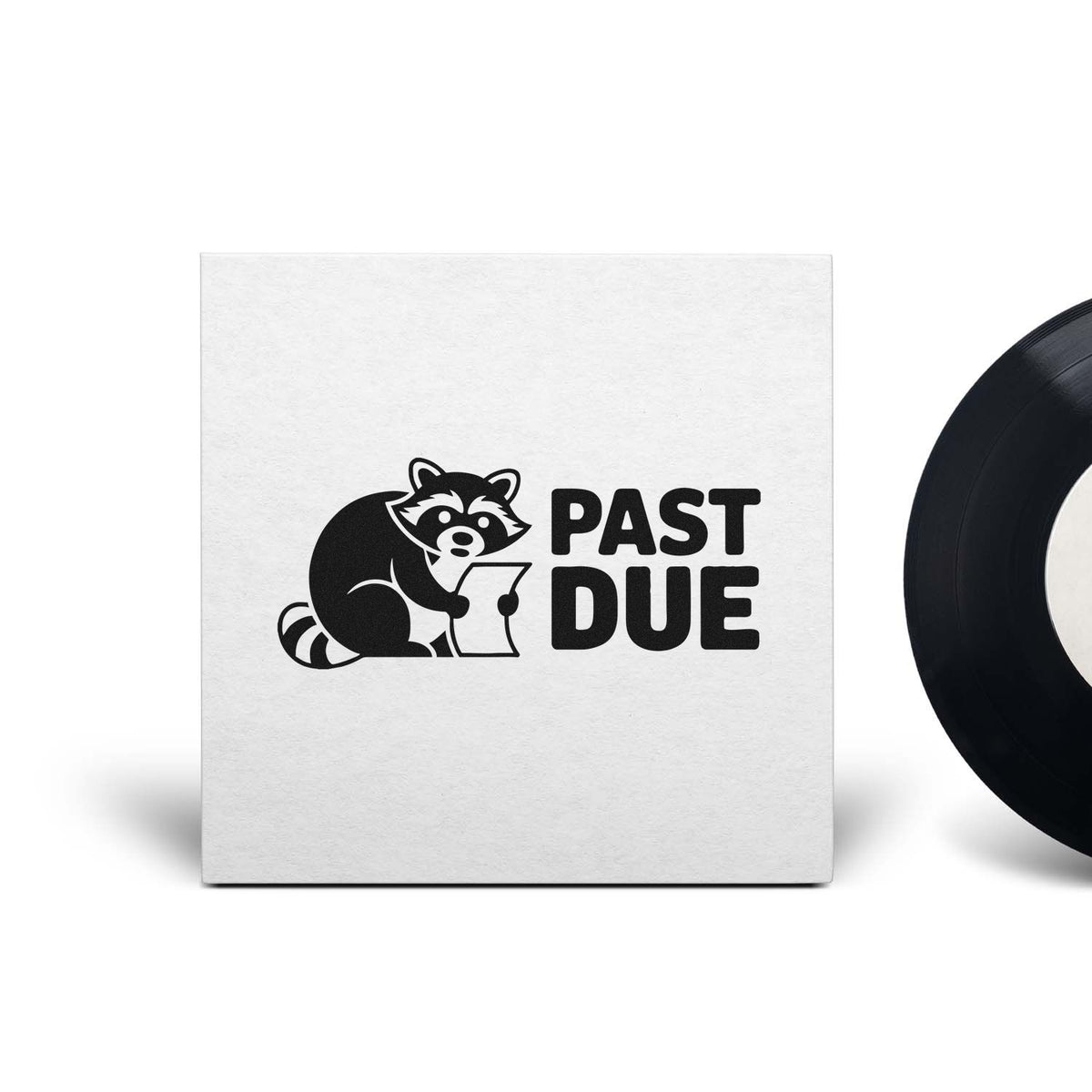 Past Due raccoon rubber stamp design for office reminders, featuring a raccoon holding a bill and bold text.