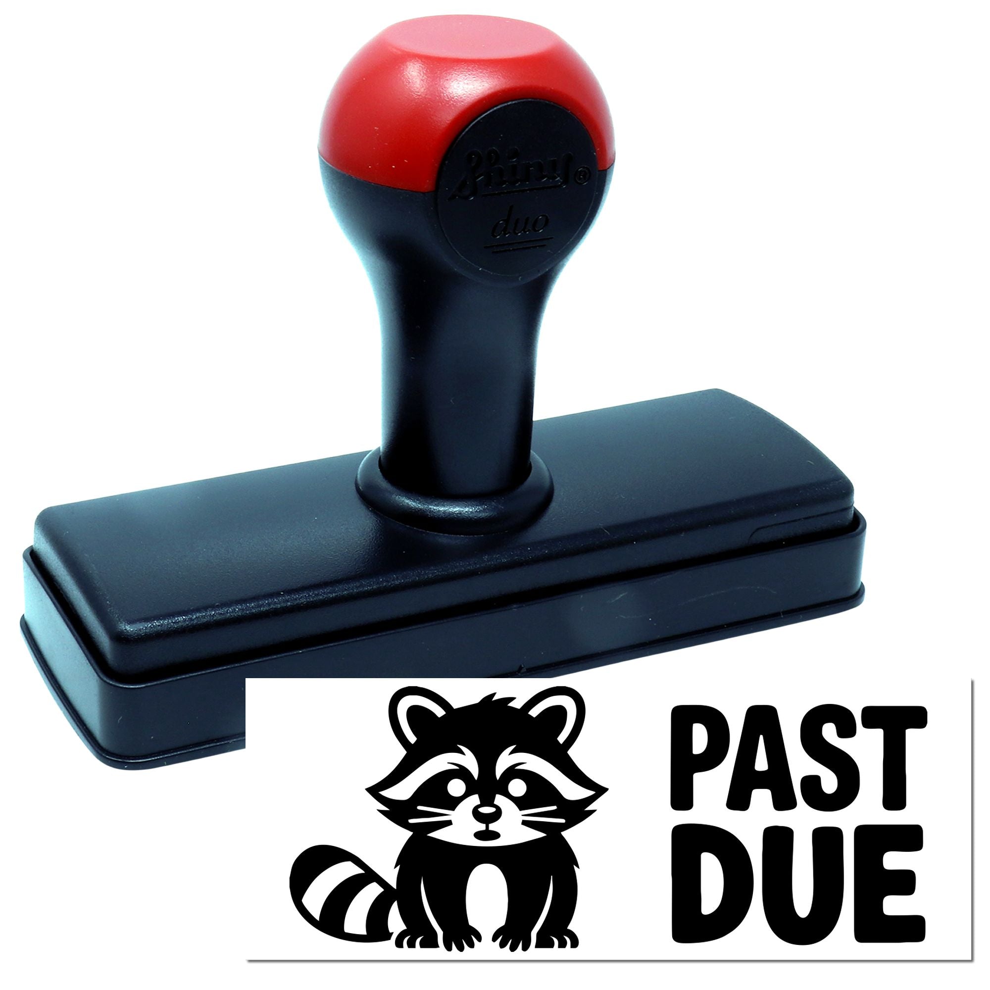 Self-inking rubber stamp with raccoon and PAST DUE text for overdue notices and office accounting use.