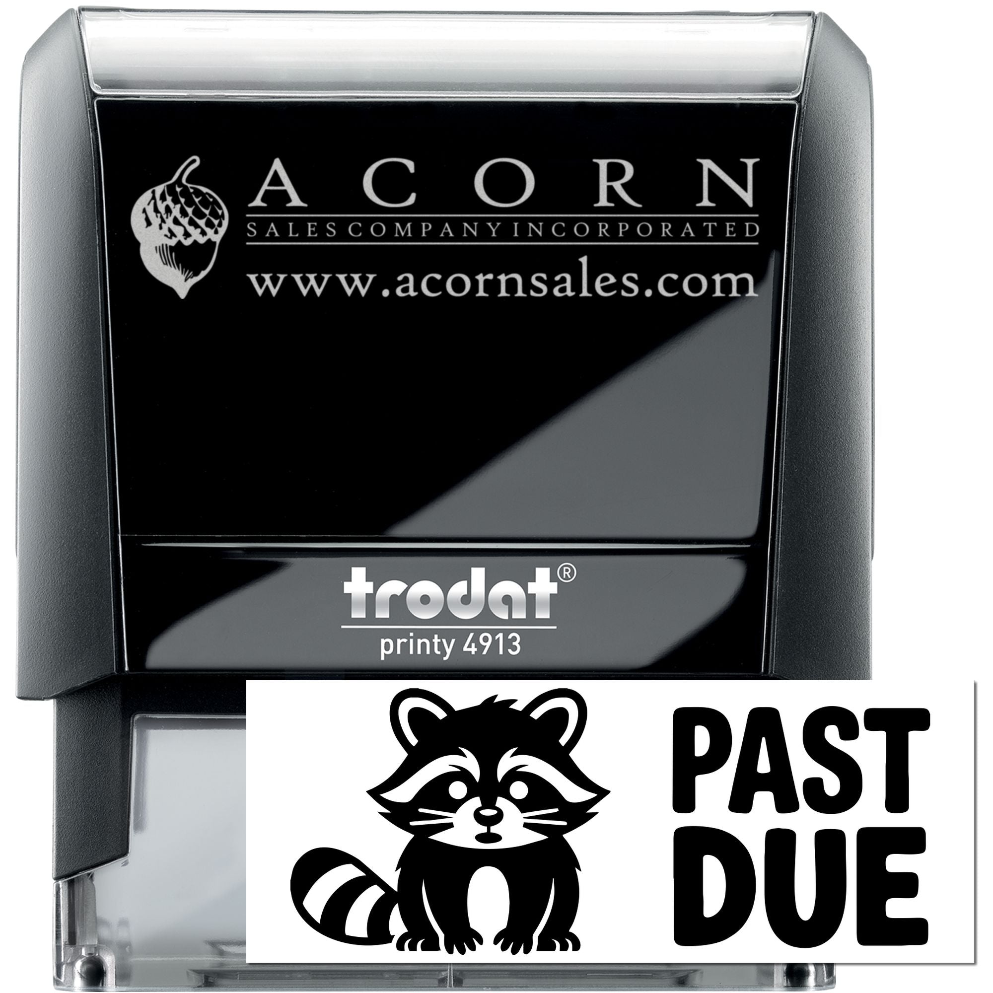 Trodat Printy 4913 self-inking rubber stamp with custom Acorn Sales logo and Past Due imprint.