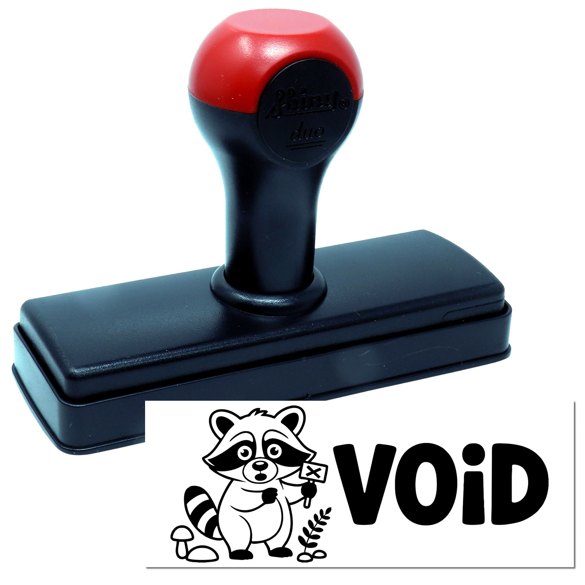 Self-inking VOID rubber stamp with raccoon logo, ideal for marking canceled documents.