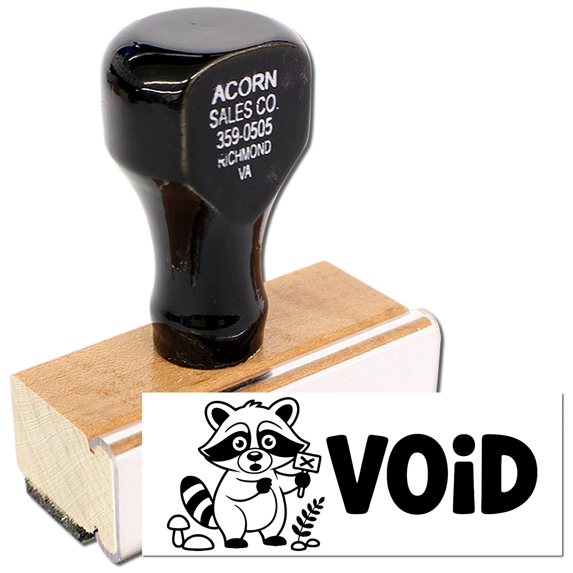Custom VOID rubber stamp with raccoon design and wooden handle for marking documents, invoices, or files as invalid.