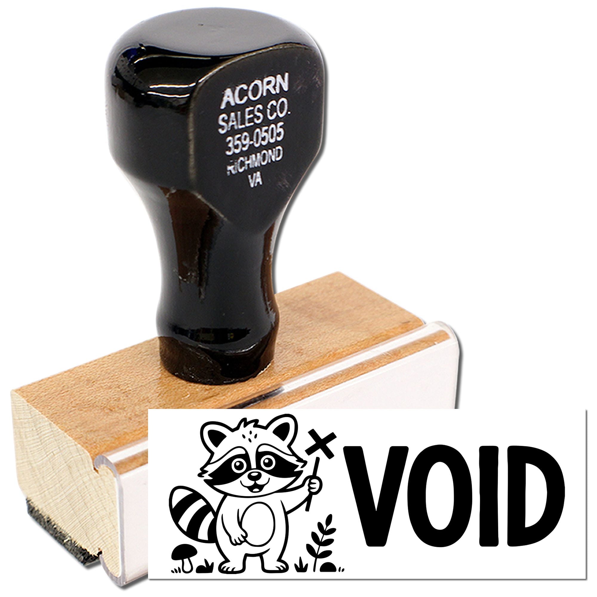 Wooden rubber stamp with raccoon VOID design for canceling documents, receipts, or packaging.