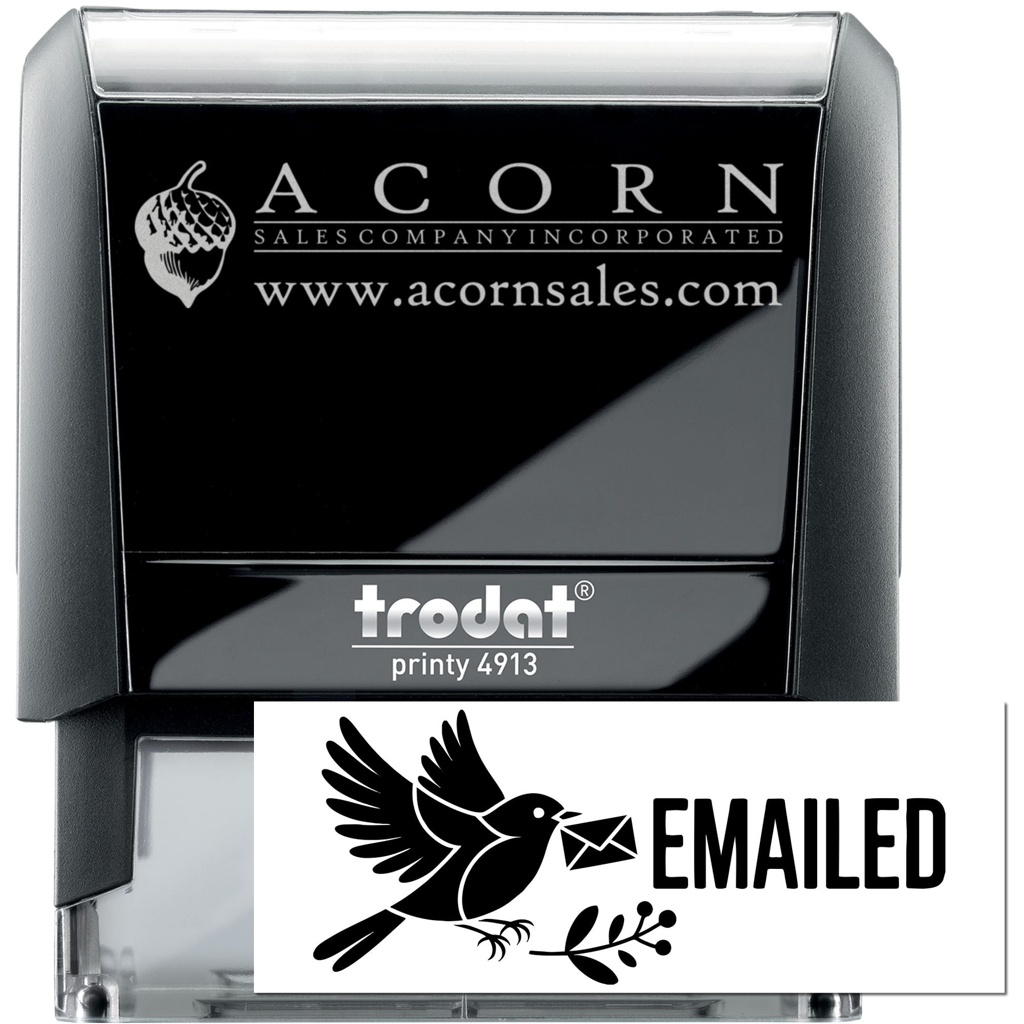 Custom Trodat self-inking rubber stamp for Acorn Sales Company with logo, website, and emailed message design.